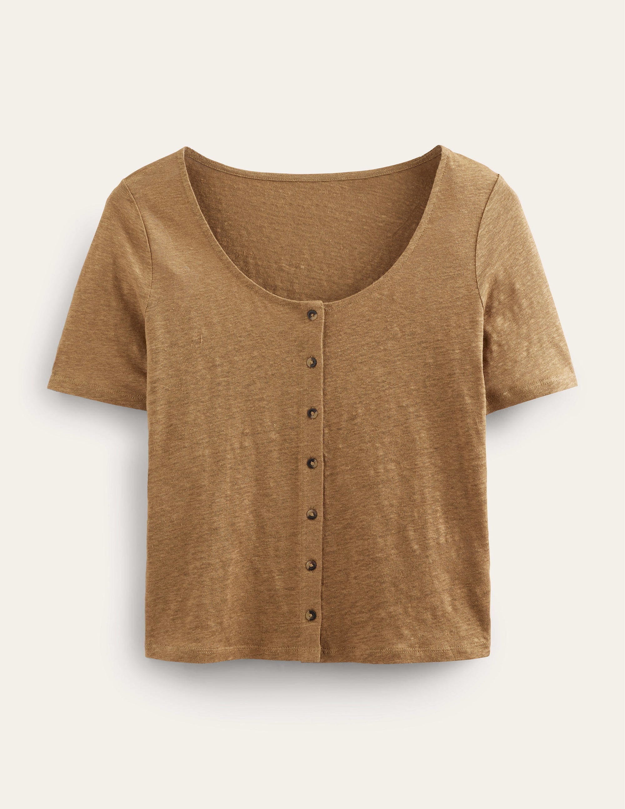 Scoop Neck Linen T-shirt-Camel - Image 5