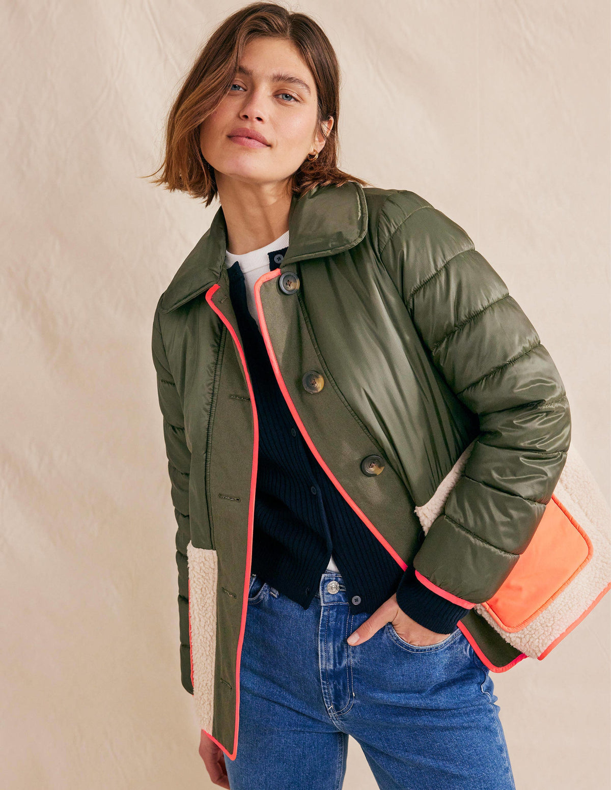 Quilted Borg Jacket-Khaki-4
