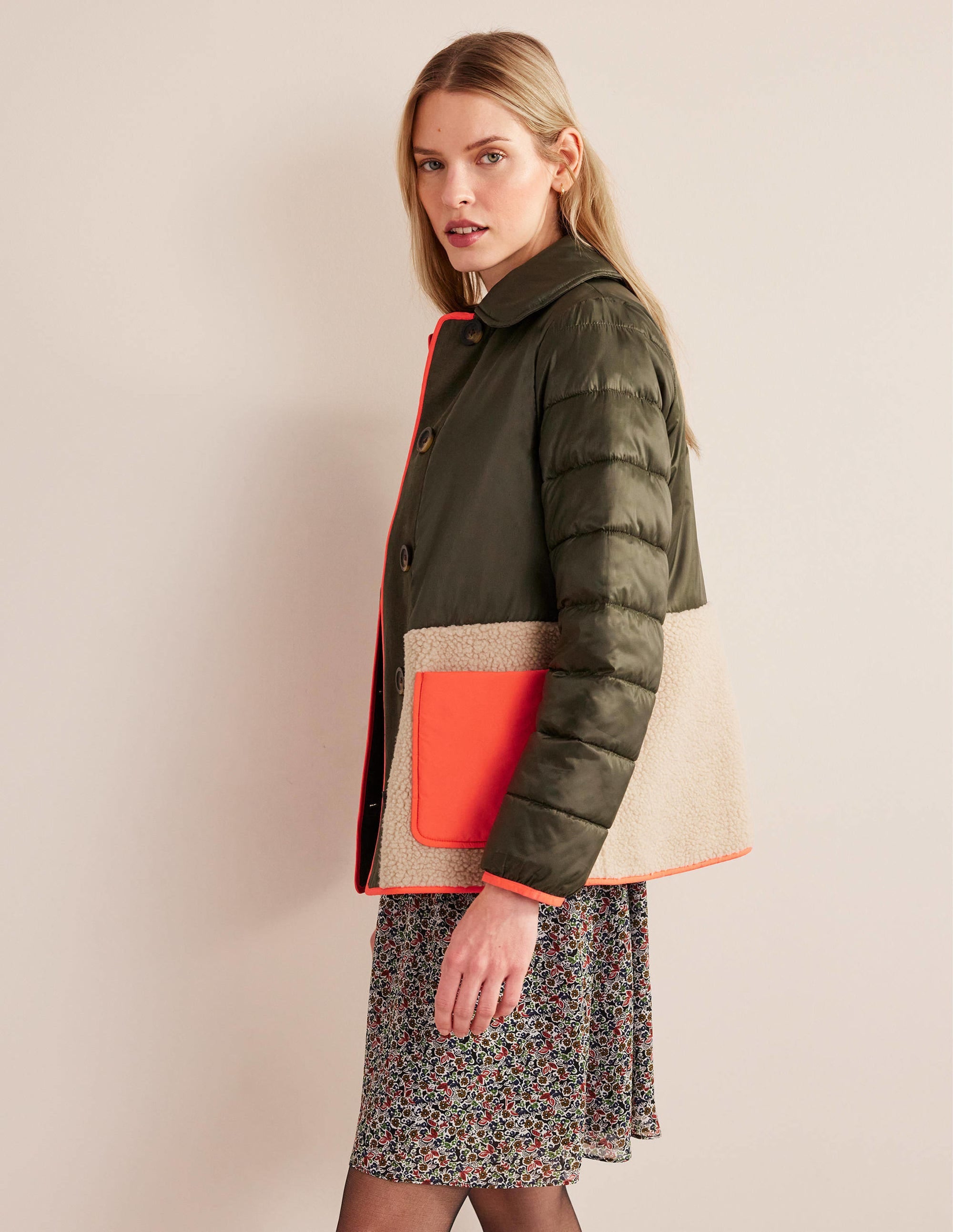 Quilted Borg Jacket-Khaki - Image 5