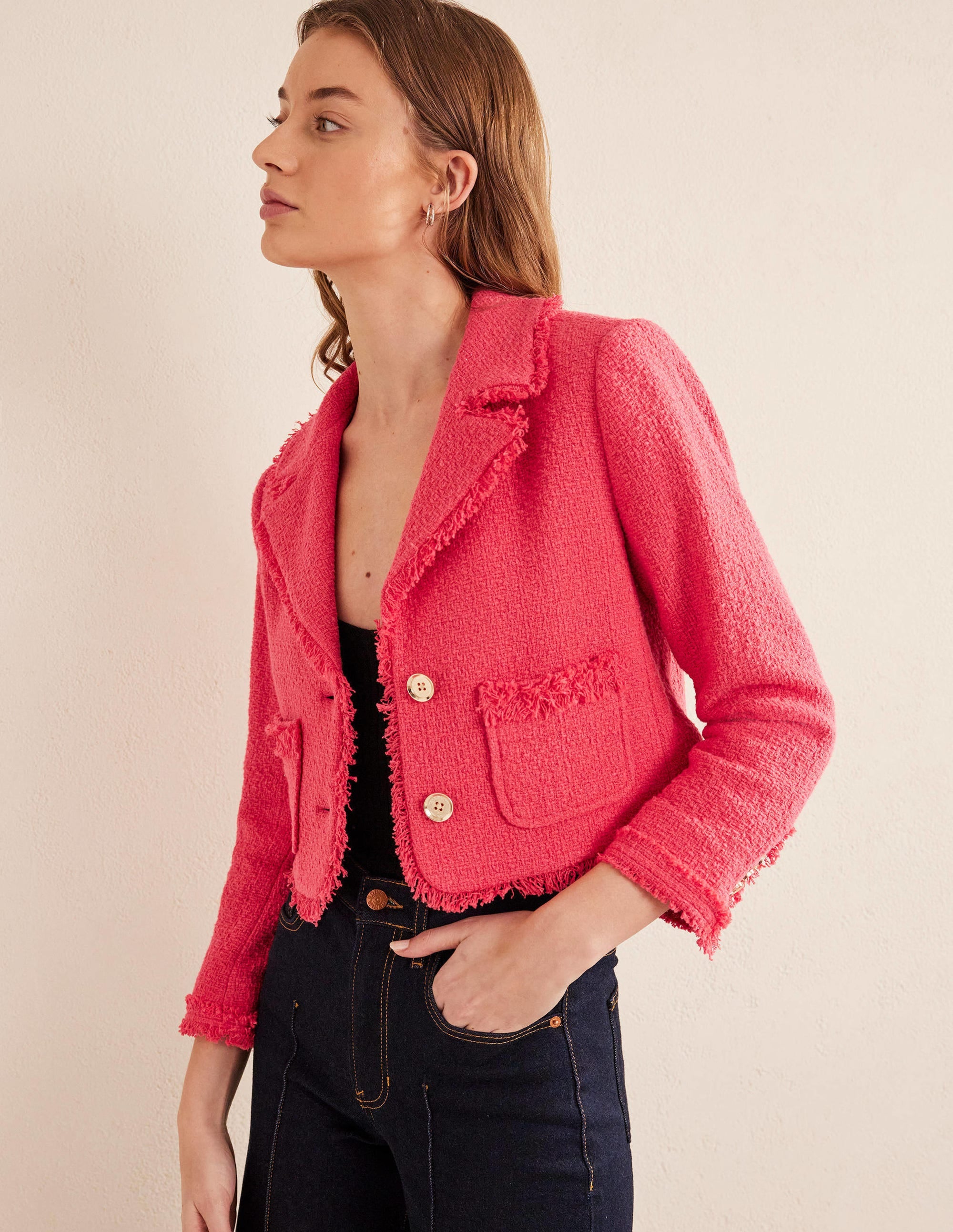 Textured Fitted Cropped Jacket-Coral - Image 1