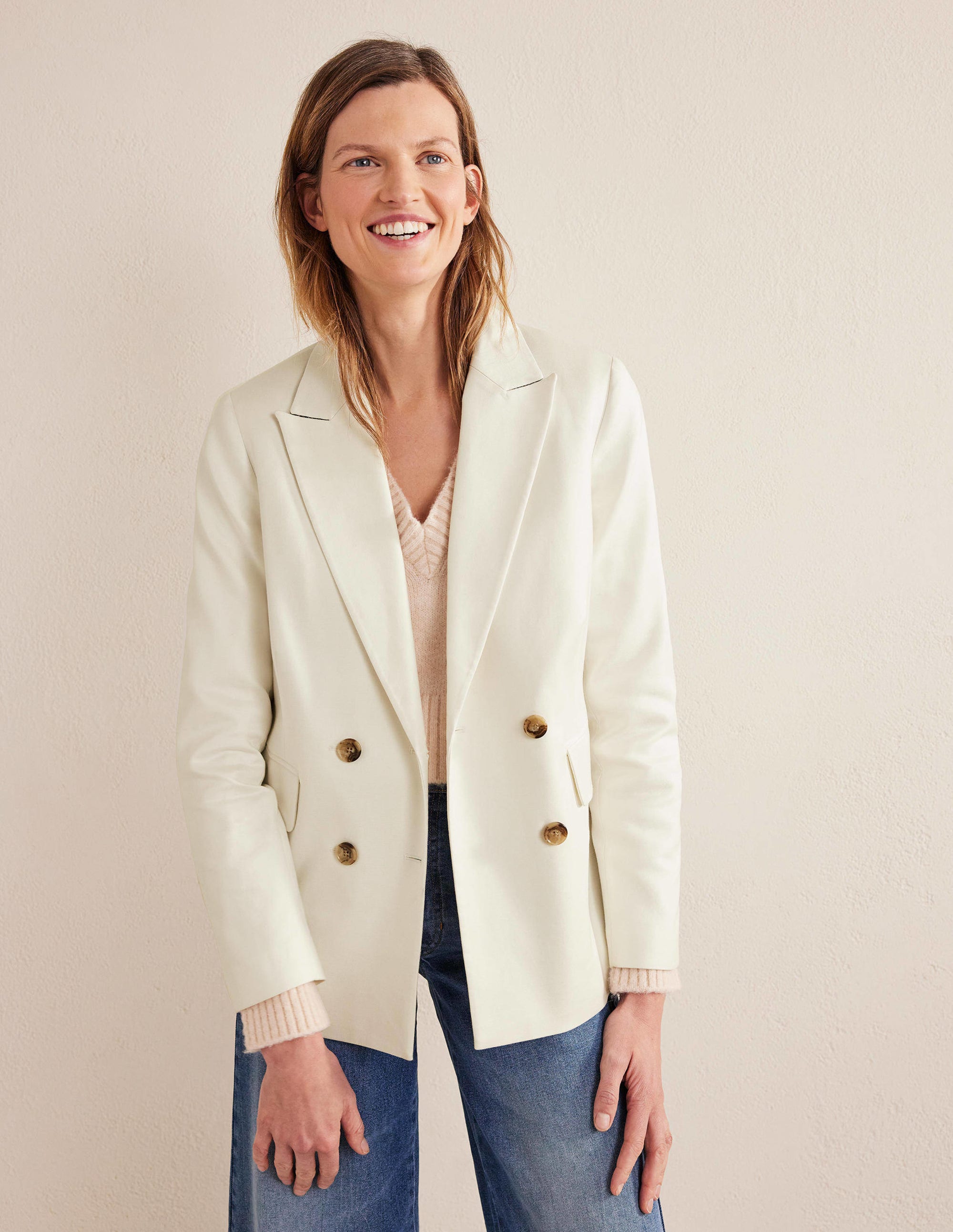 Double Breasted Twill Blazer-Ivory - Image 1