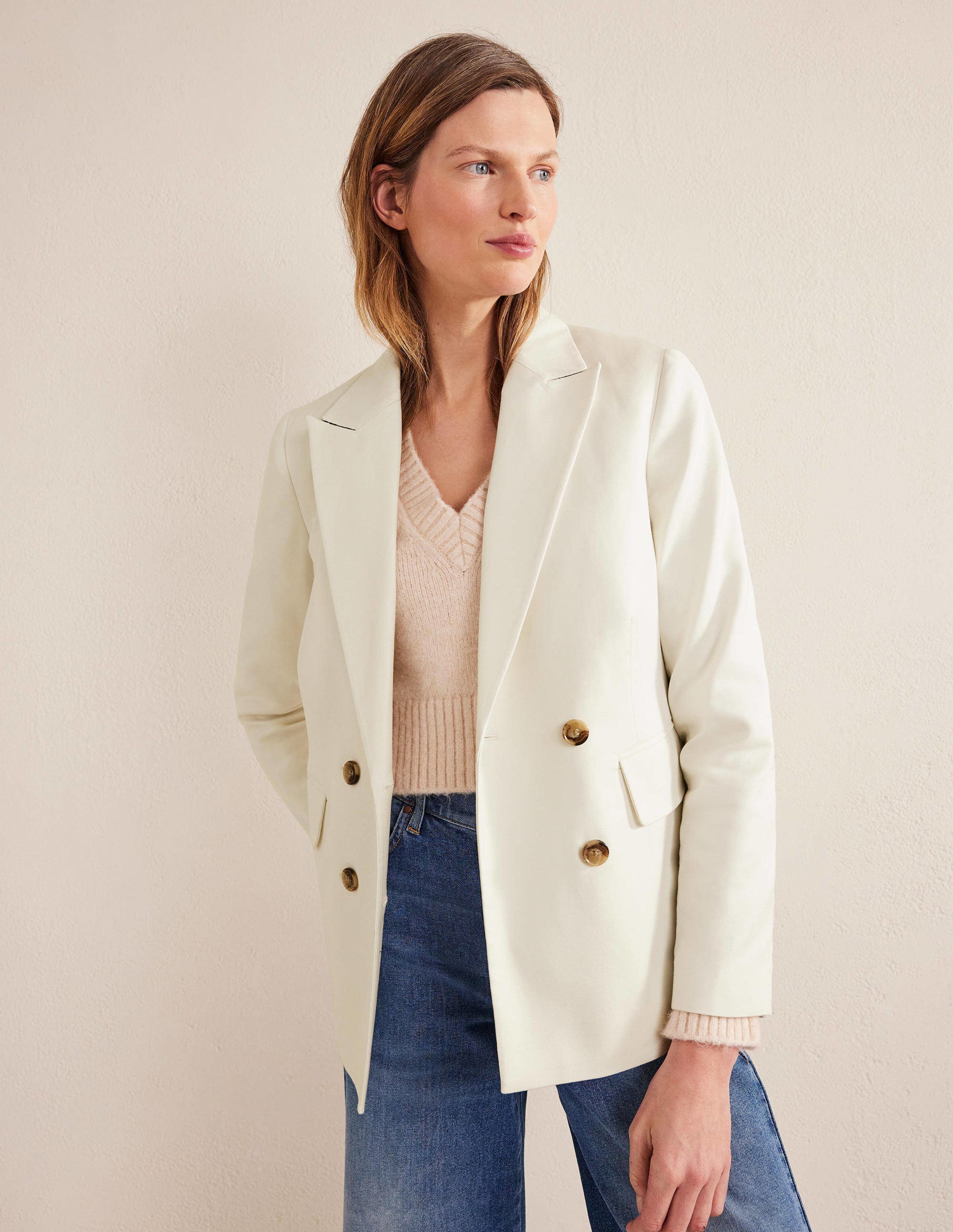 Double Breasted Twill Blazer-Ivory - Image 4