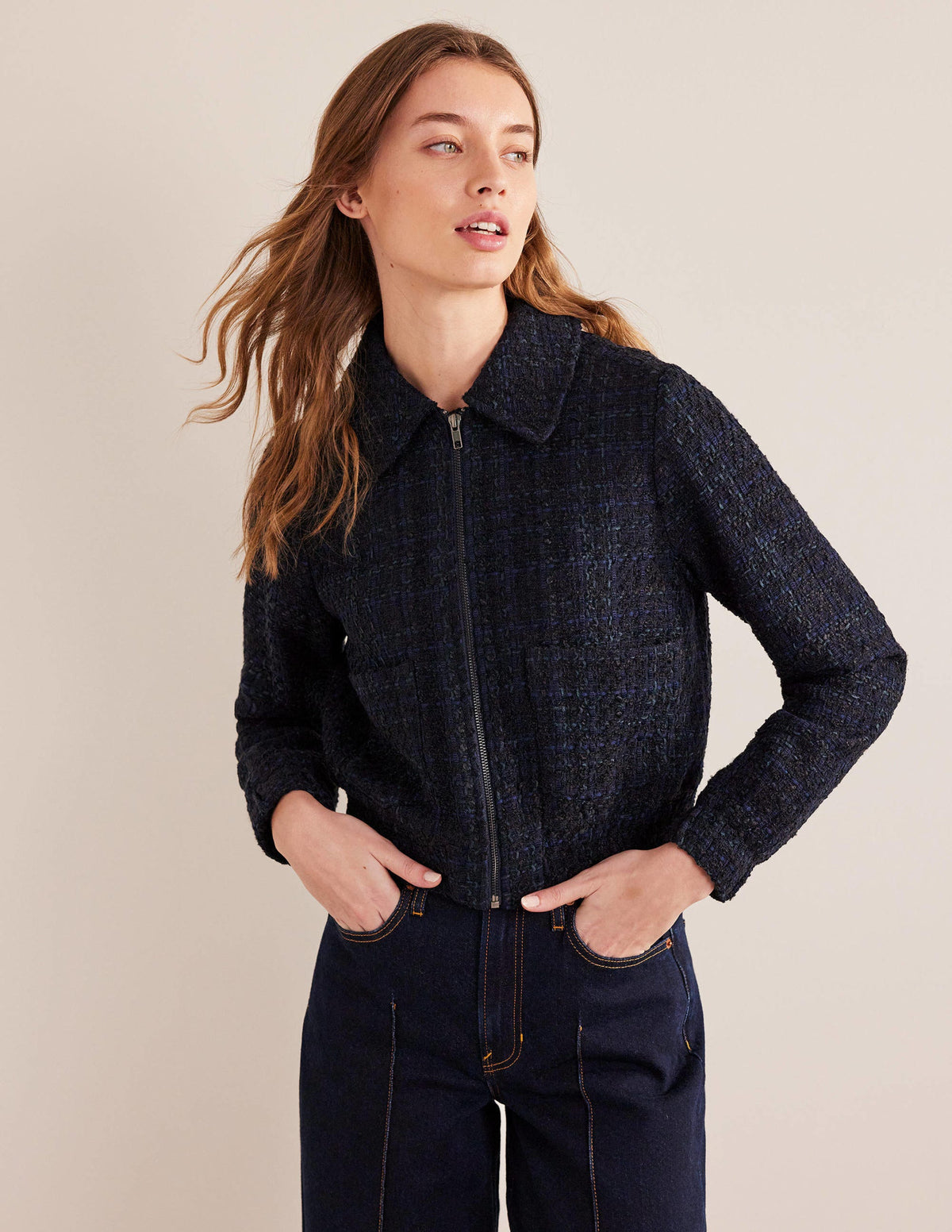 Textured Zip Through Jacket-Navy - Image 1