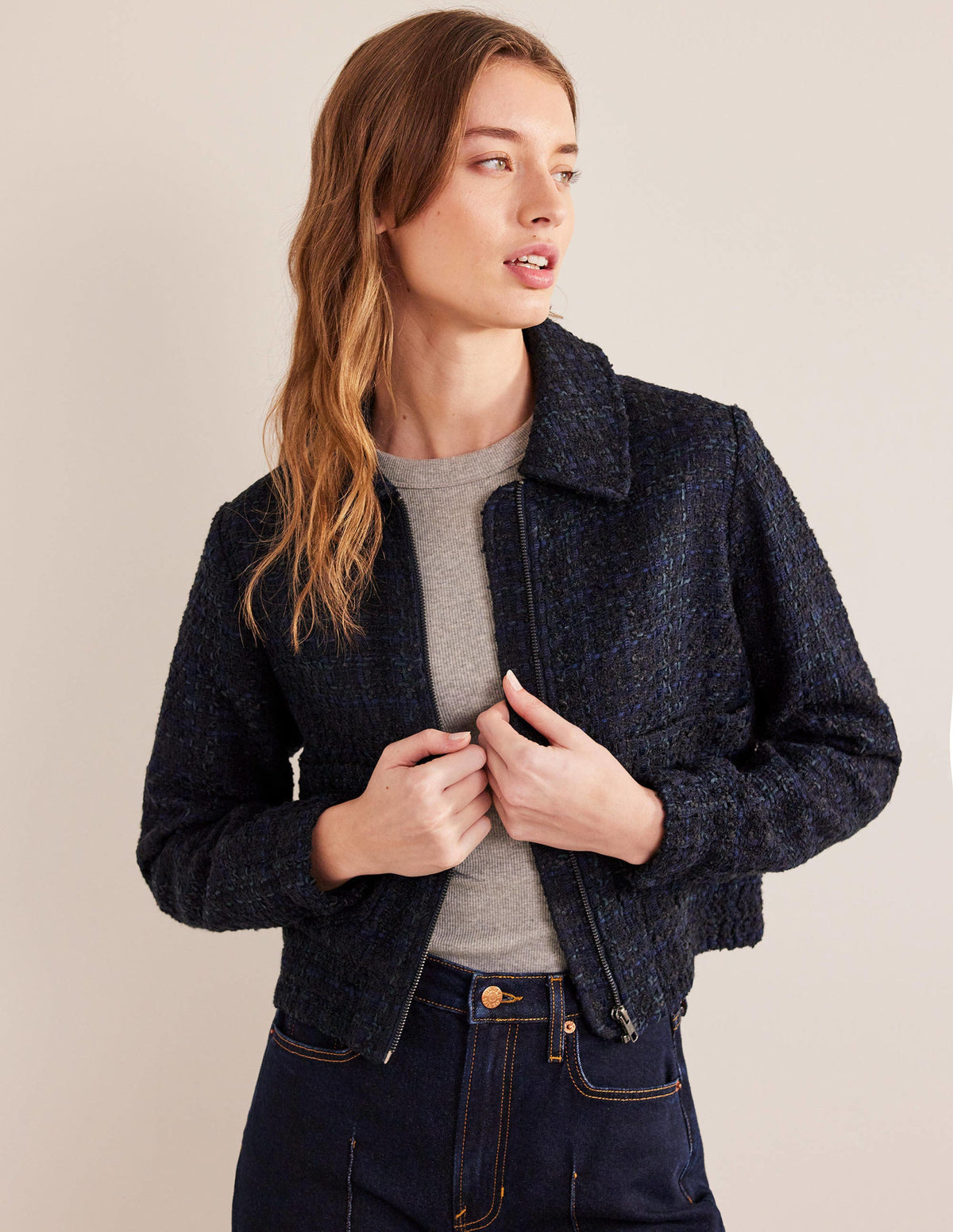 Textured Zip Through Jacket-Navy - Image 4