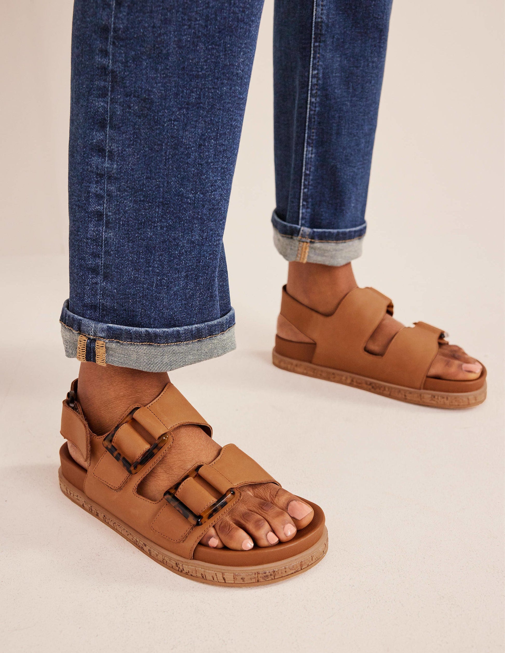 Chunky Flat Buckled Sandals-Golden Brown-1