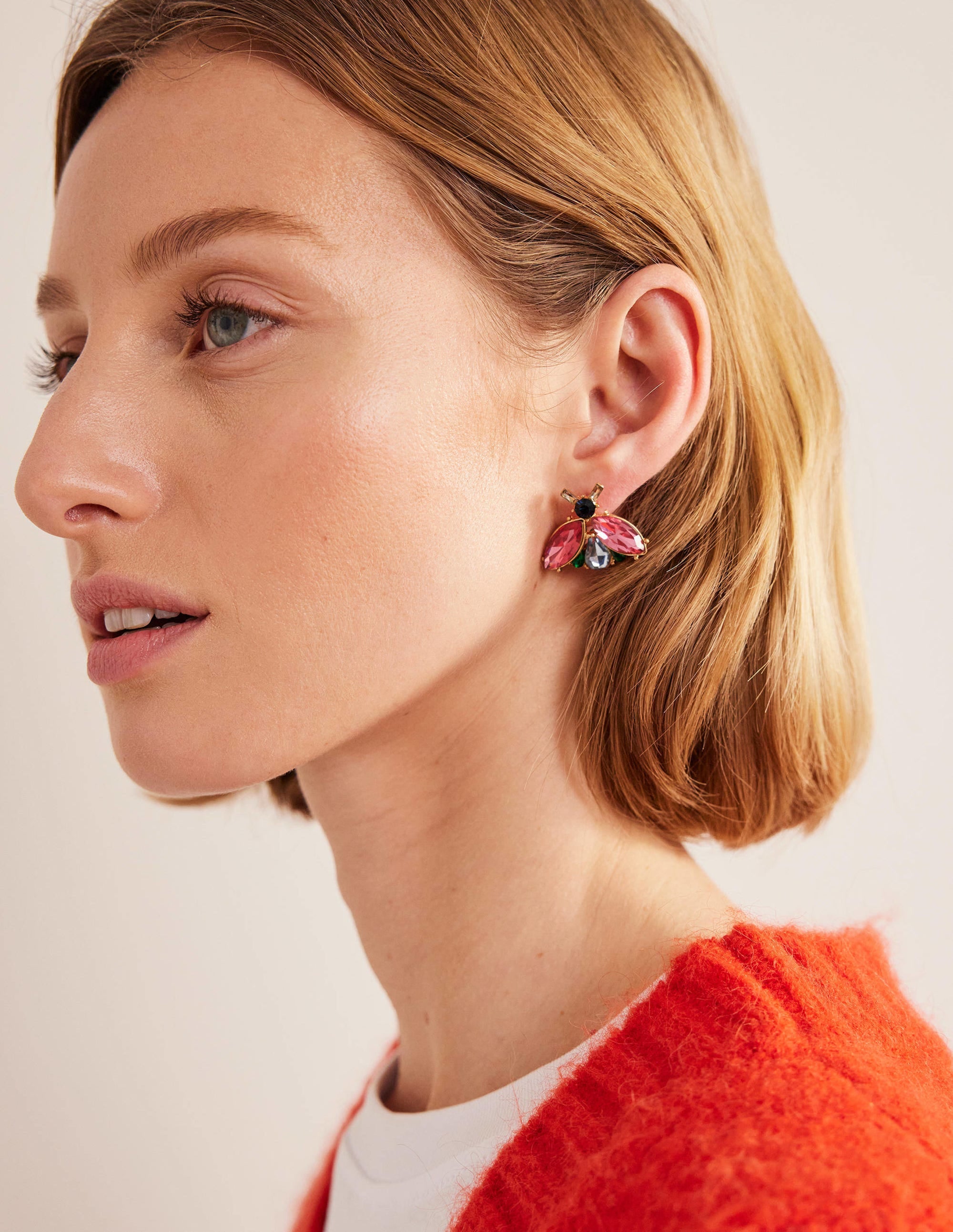 Embellished Bee Stud Earrings-Pink & Green - Image 1