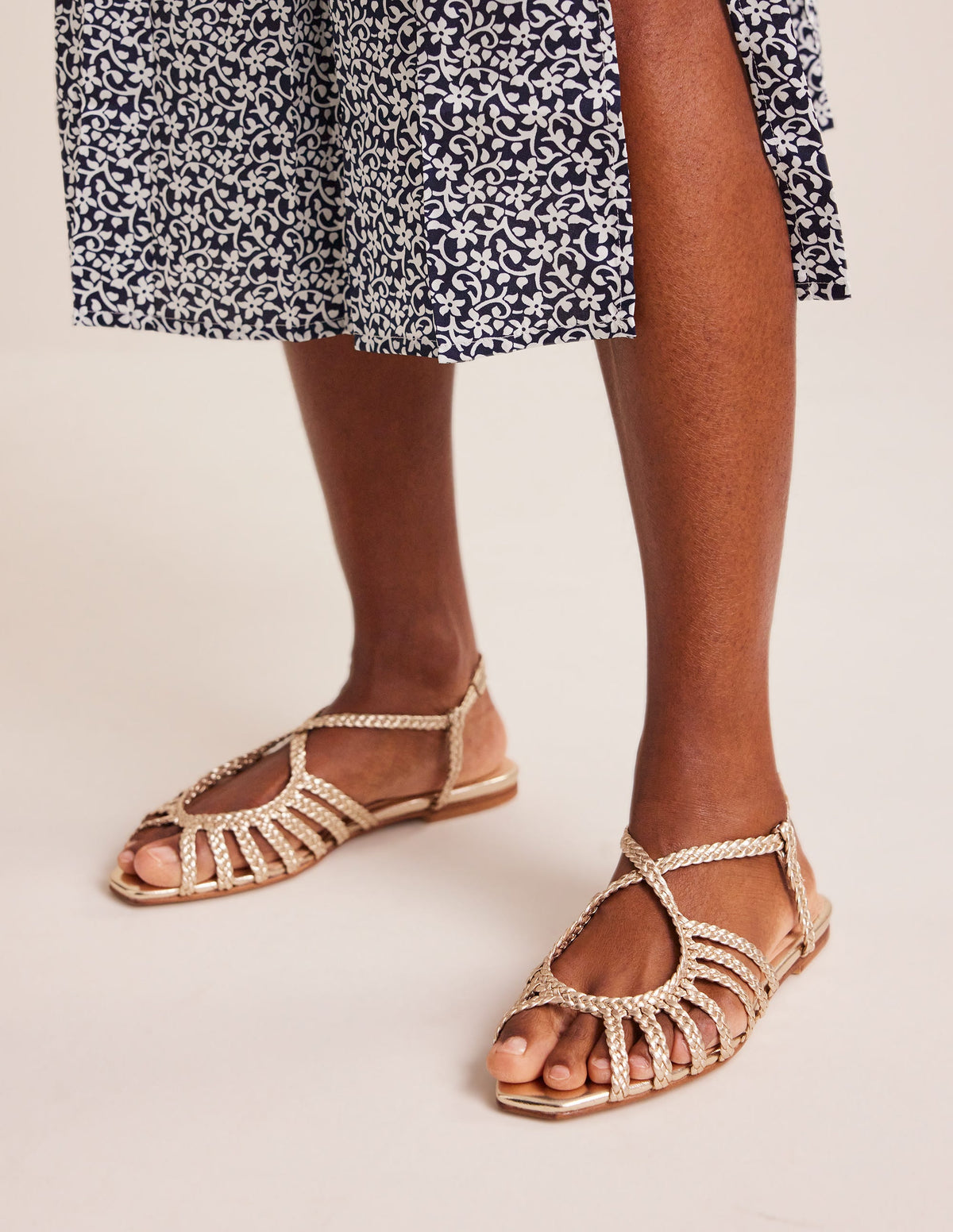 Woven Multistrap Flat Sandals-Gold-1