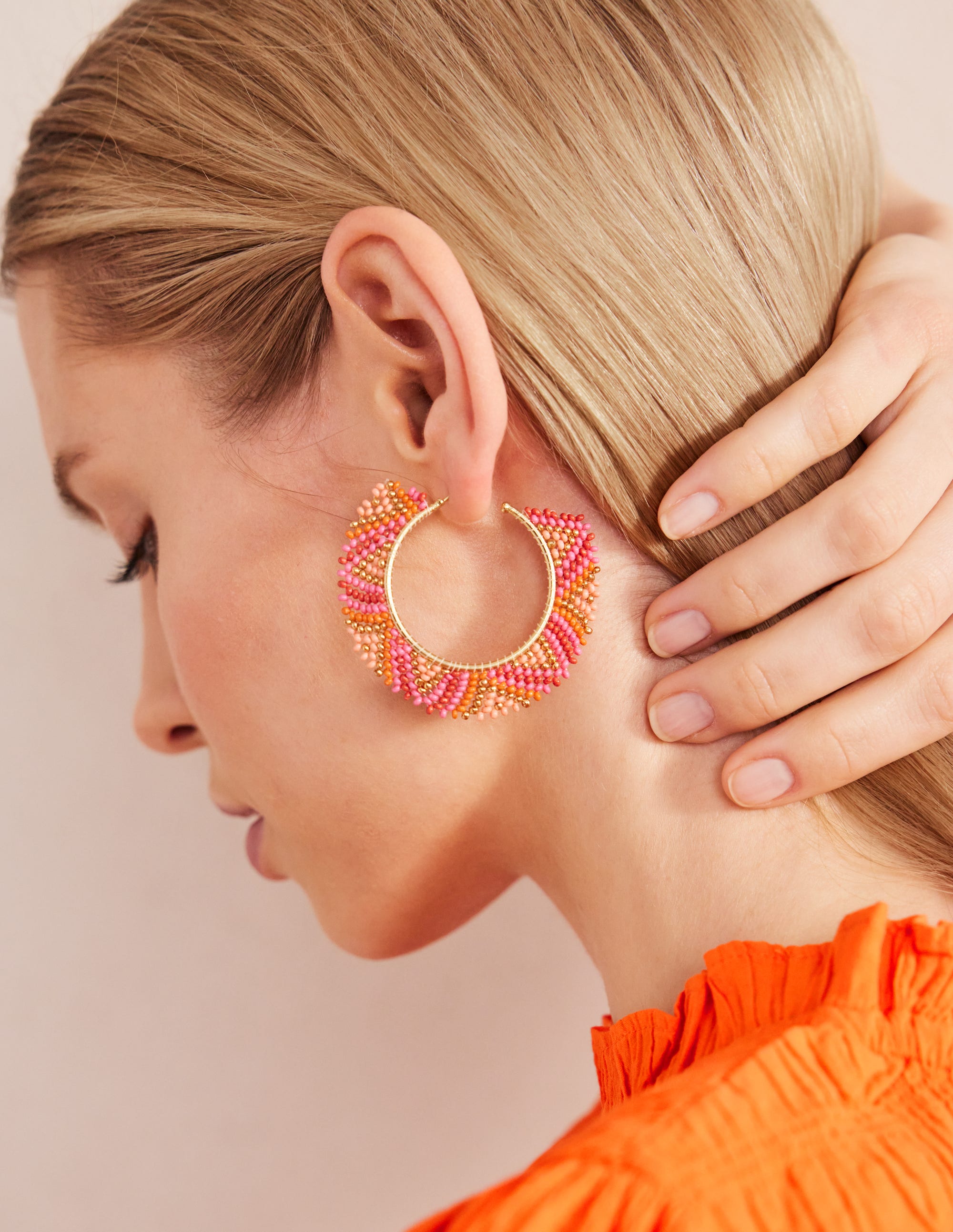 Beaded Boho Metal Hoops-Pink Multi - Image 1