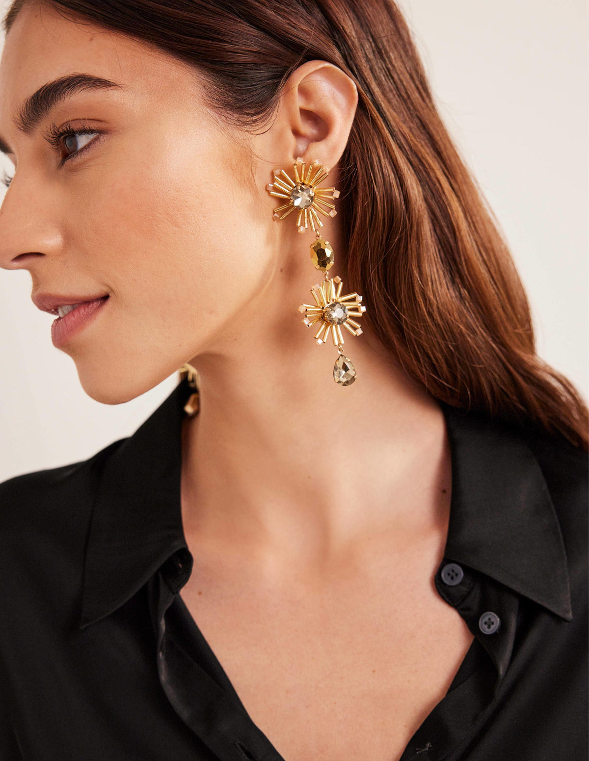 Bead Floral Drop Earrings-Gold - Image 1
