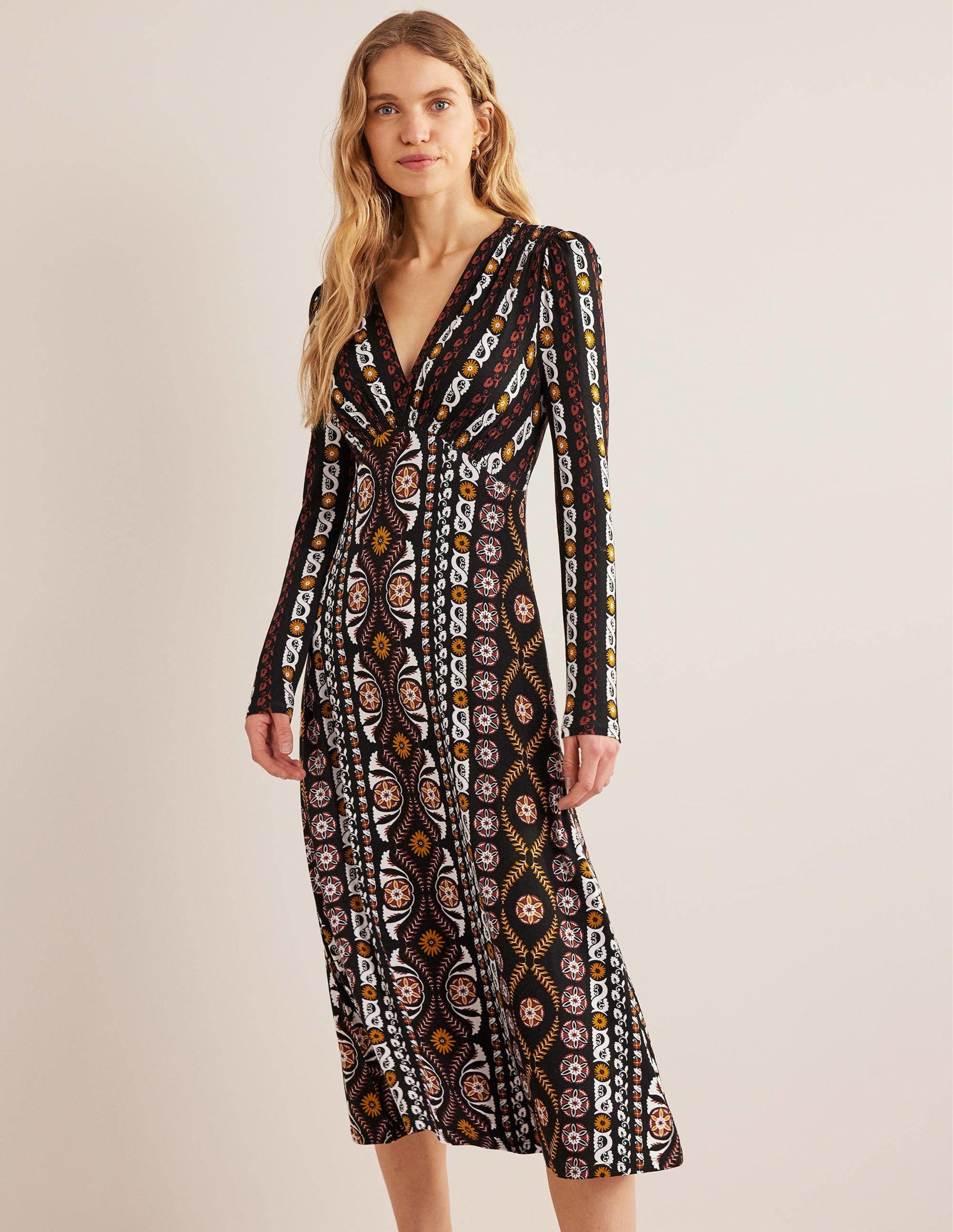 Jersey Midi Tea Dress-Black, Opulent Stripe-1