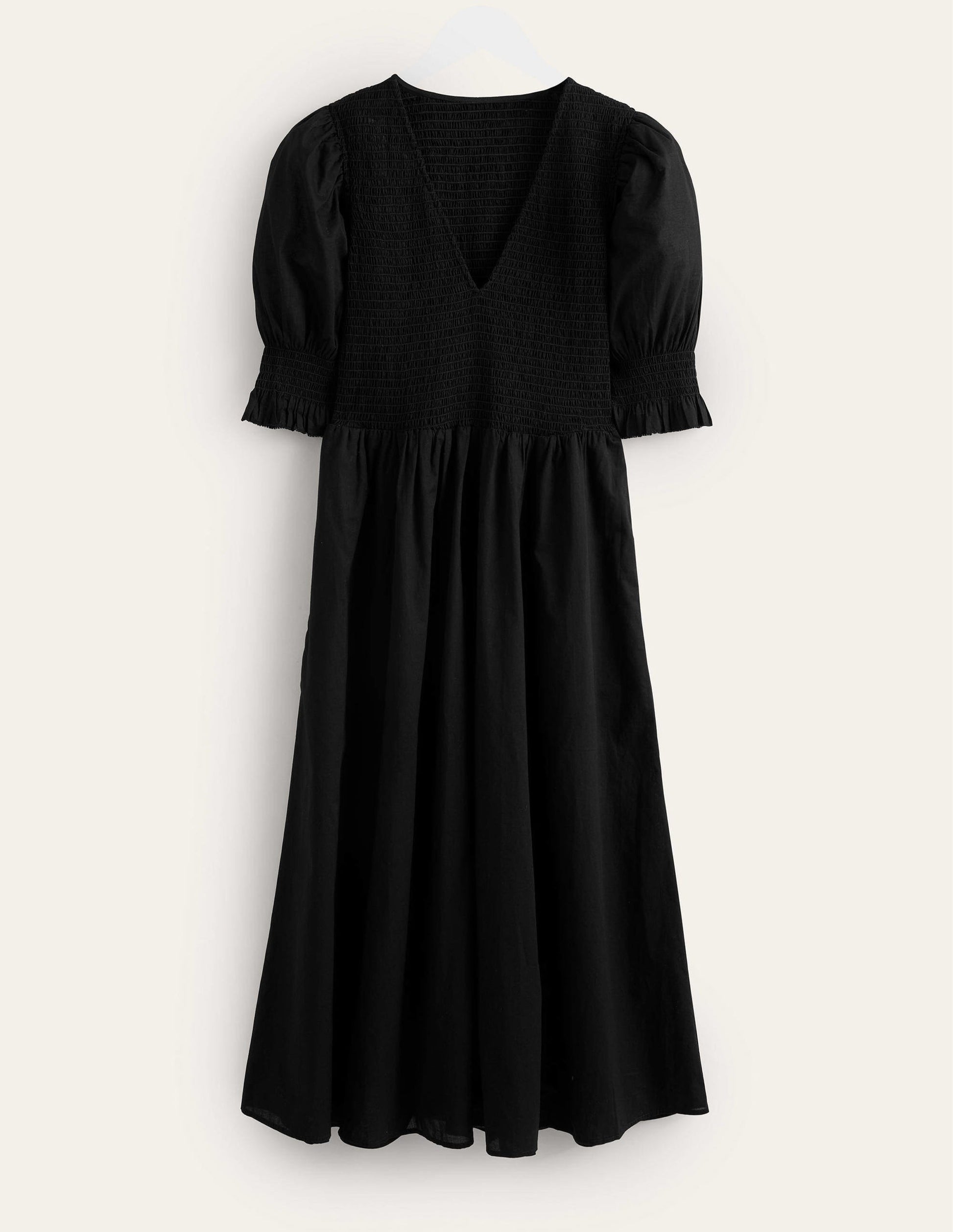 Smocked Linen Midi Dress-Black-5