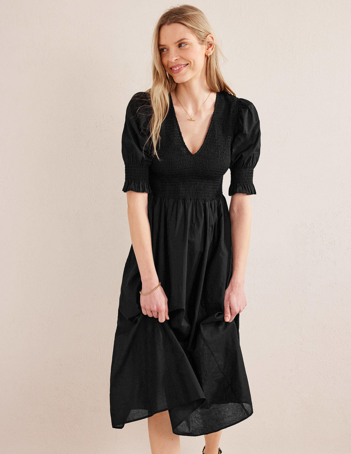 Smocked Linen Midi Dress-Black-1