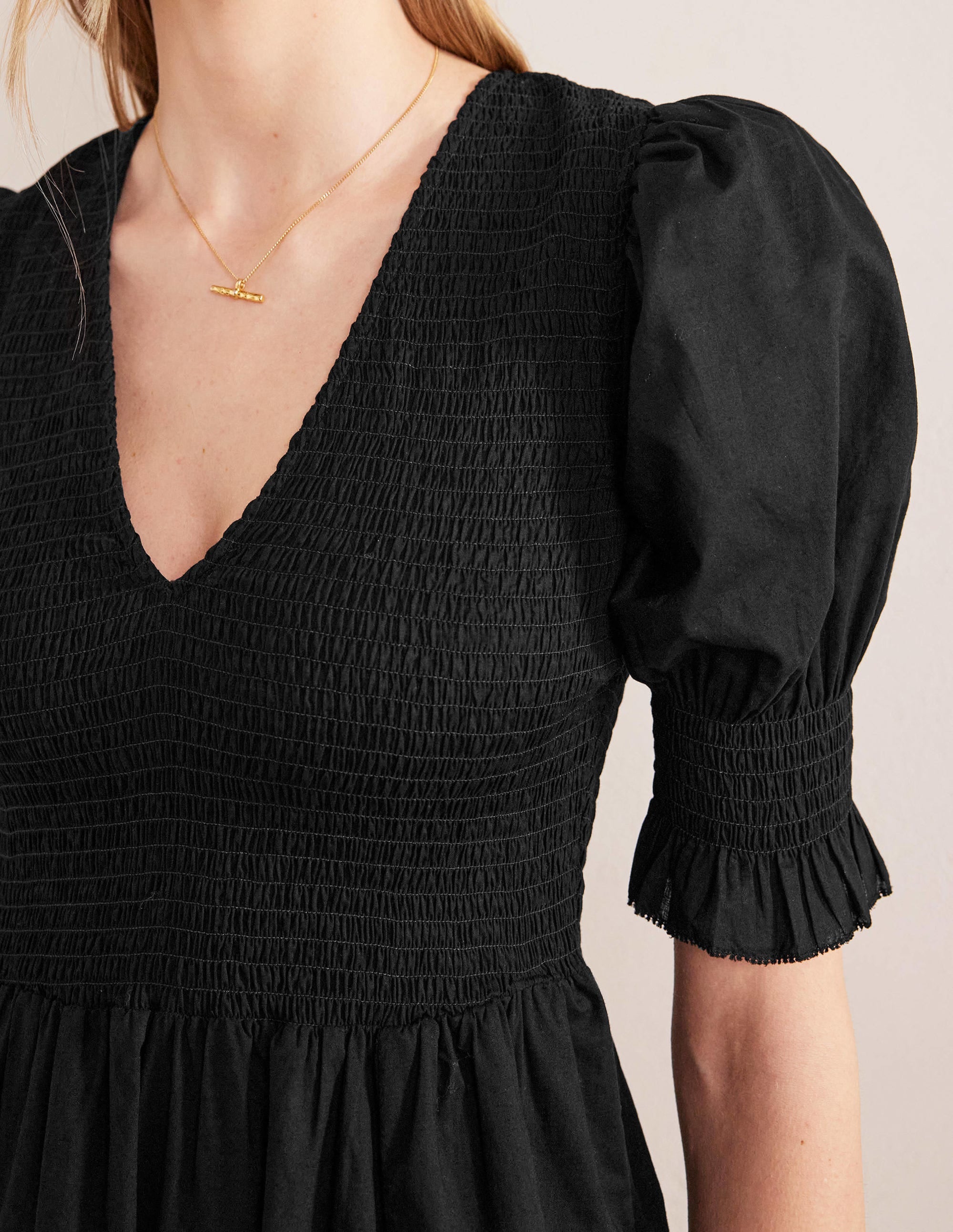 Smocked Linen Midi Dress-Black - Image 2
