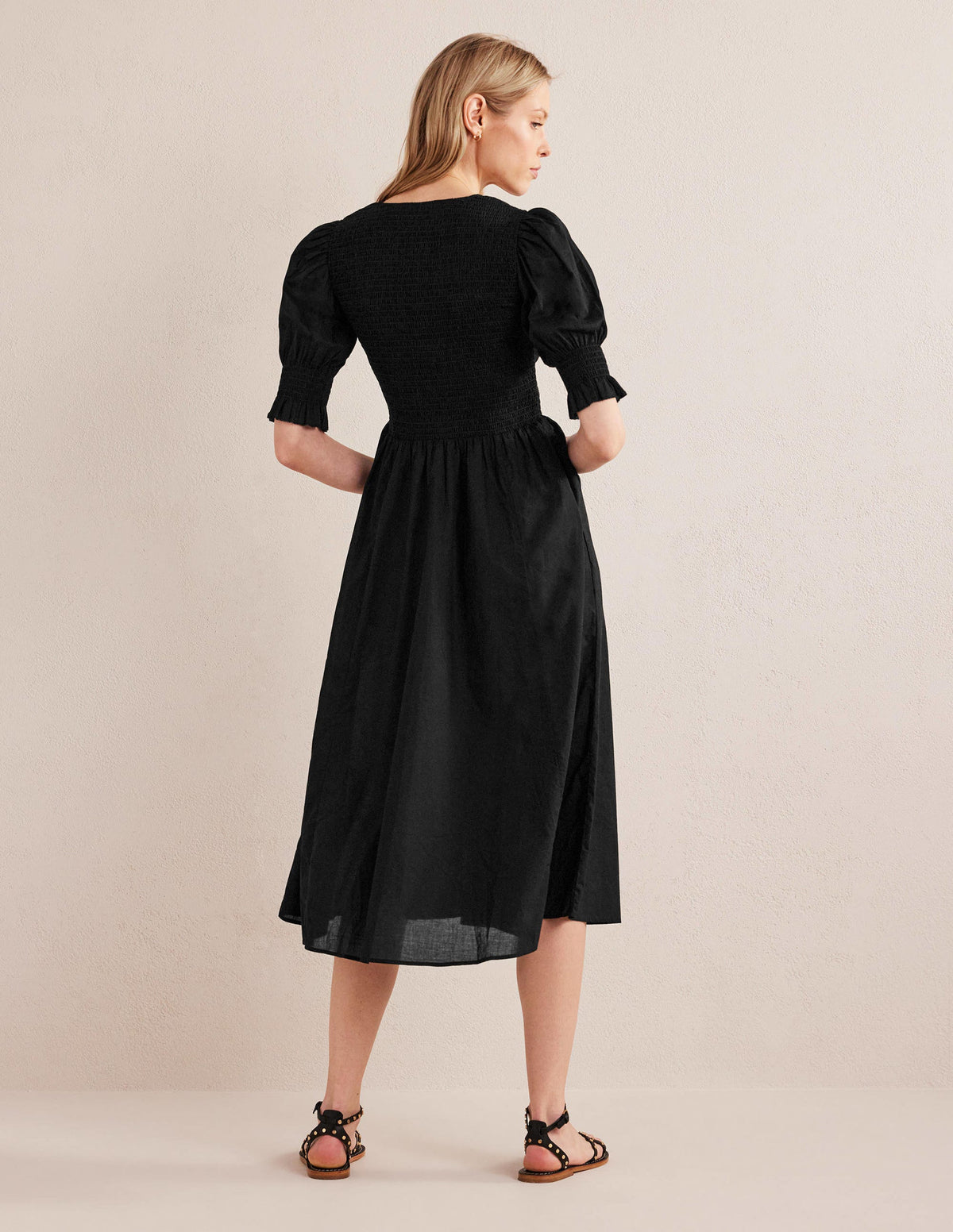 Smocked Linen Midi Dress-Black - Image 3