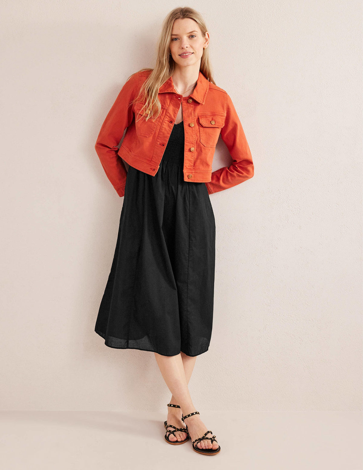 Smocked Linen Midi Dress-Black-4