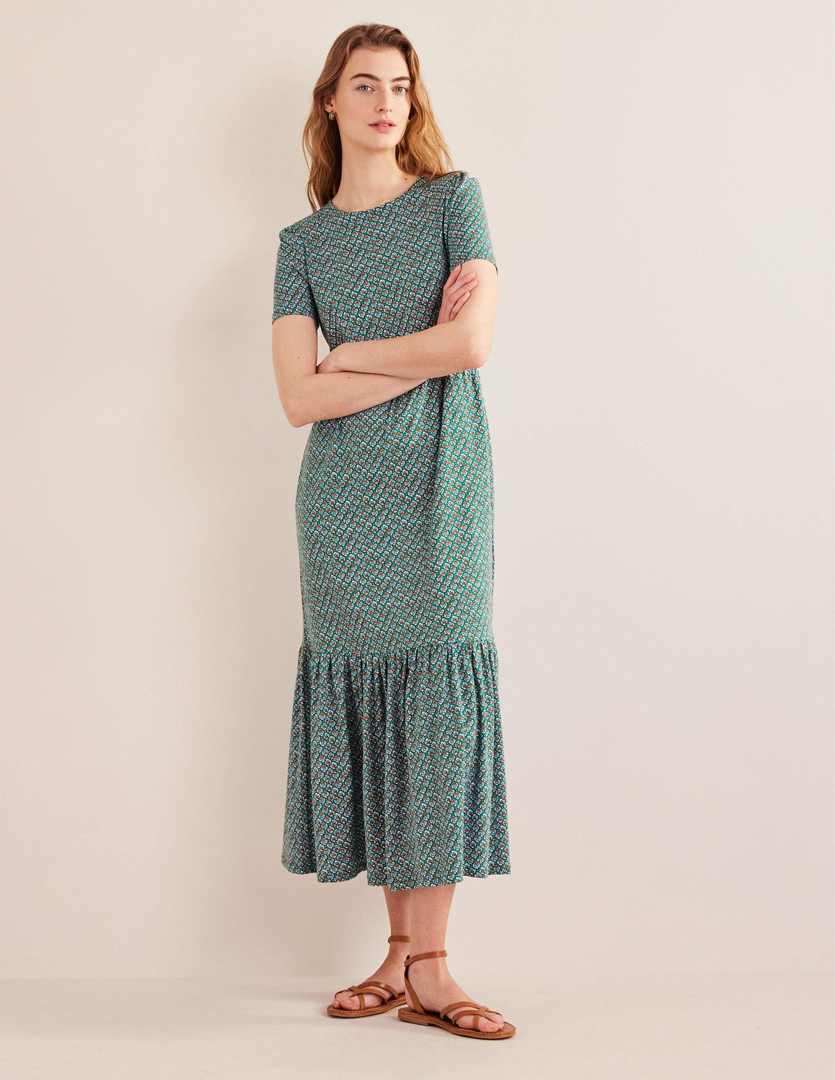 Emma Tiered Jersey Midi Dress-Bottle Green, Bloom Bud-1