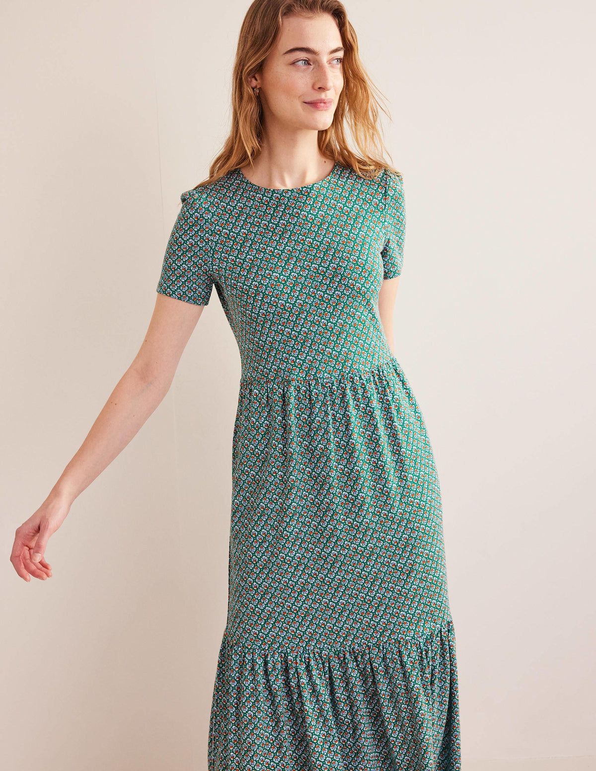 Emma Tiered Jersey Midi Dress-Bottle Green, Bloom Bud - Image 2