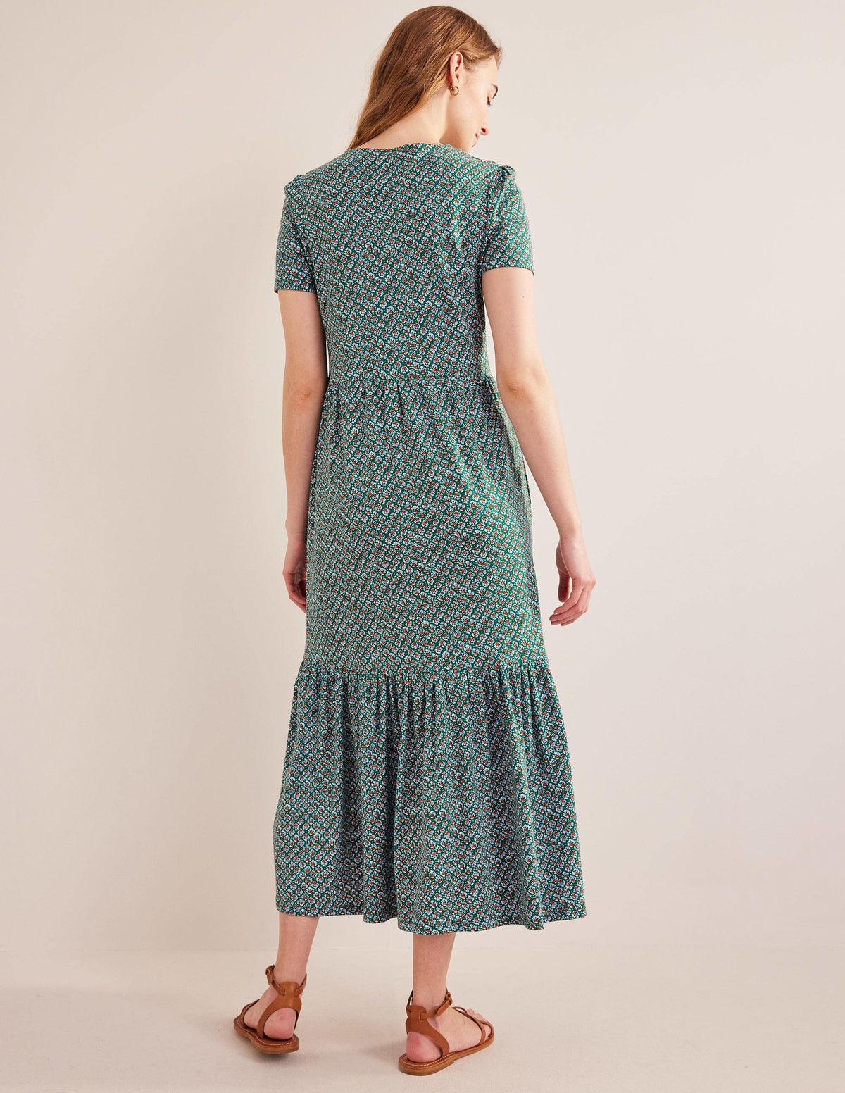 Emma Tiered Jersey Midi Dress-Bottle Green, Bloom Bud - Image 4