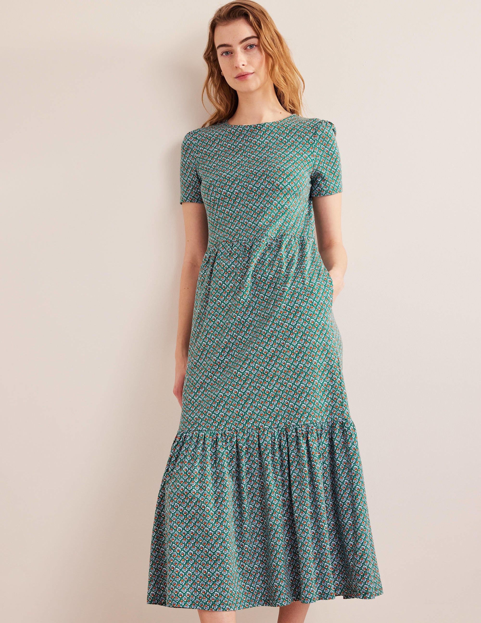 Emma Tiered Jersey Midi Dress-Bottle Green, Bloom Bud - Image 5