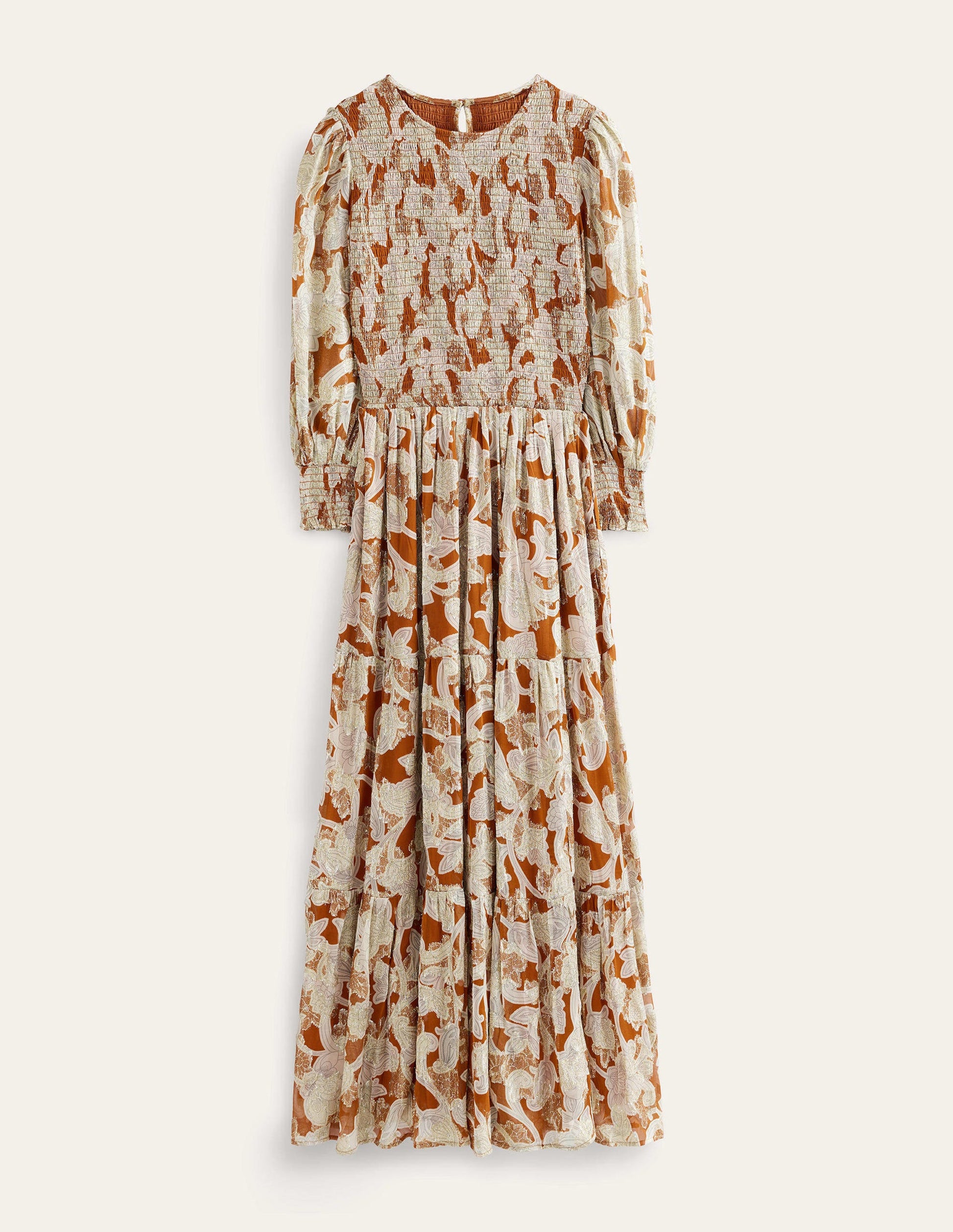 Smocked Metallic Maxi Dress-Rust, Paisley Whirl-7