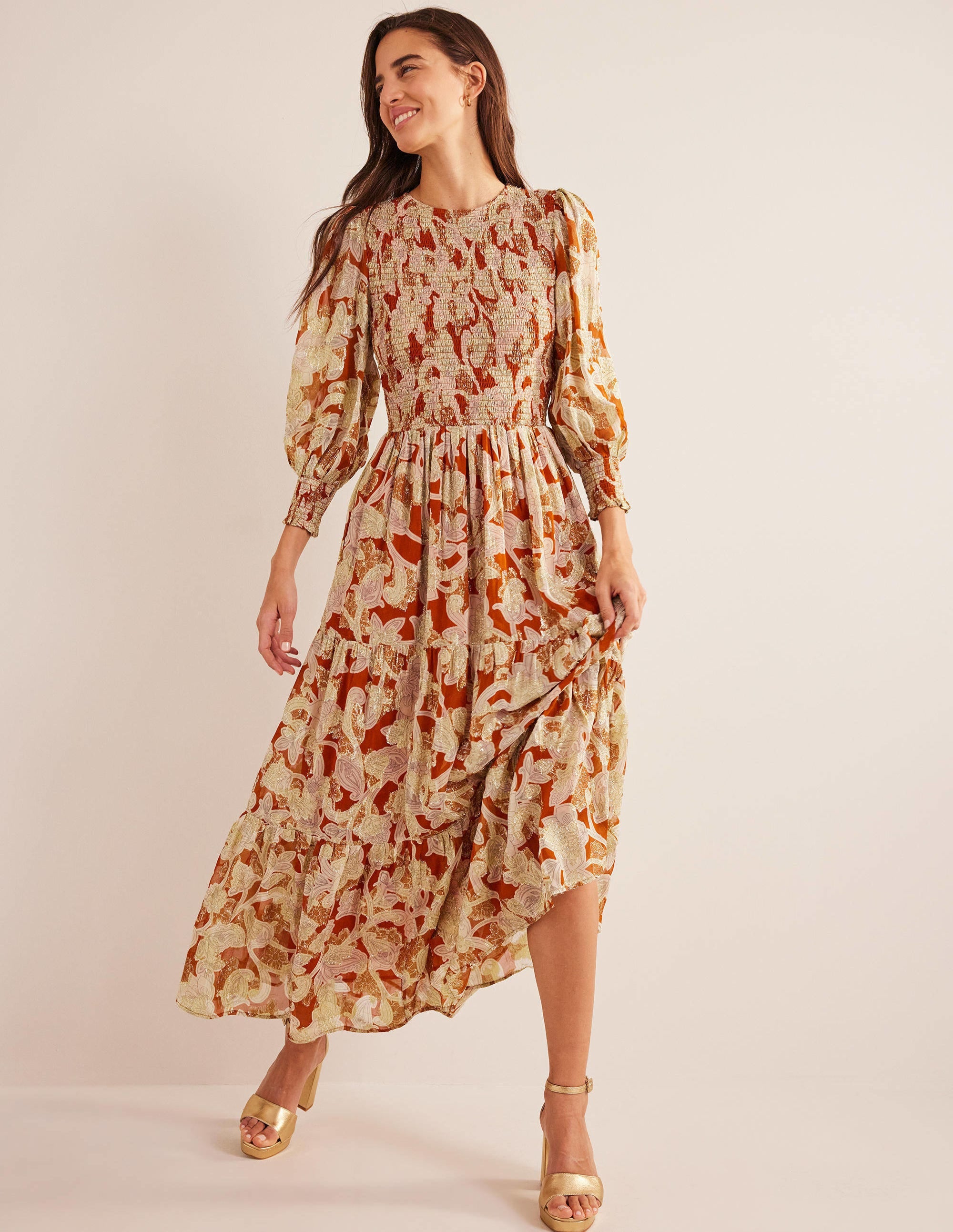 Smocked Metallic Maxi Dress-Rust, Paisley Whirl - Image 2