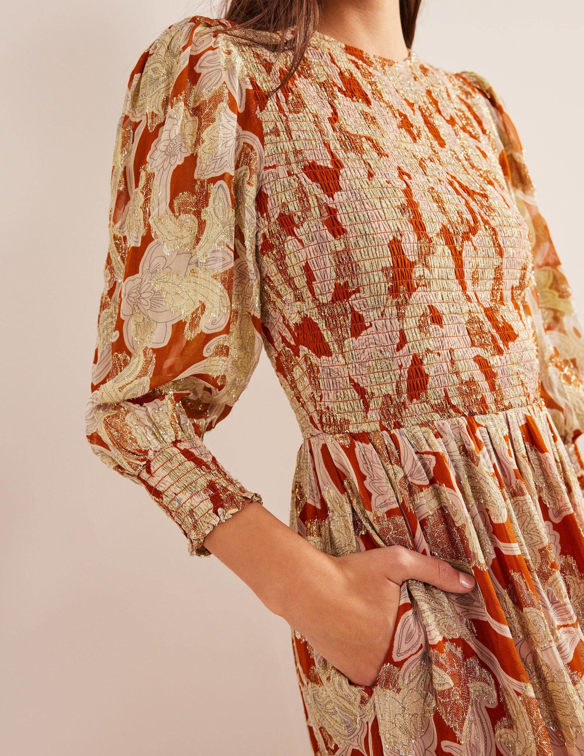 Smocked Metallic Maxi Dress-Rust, Paisley Whirl-3