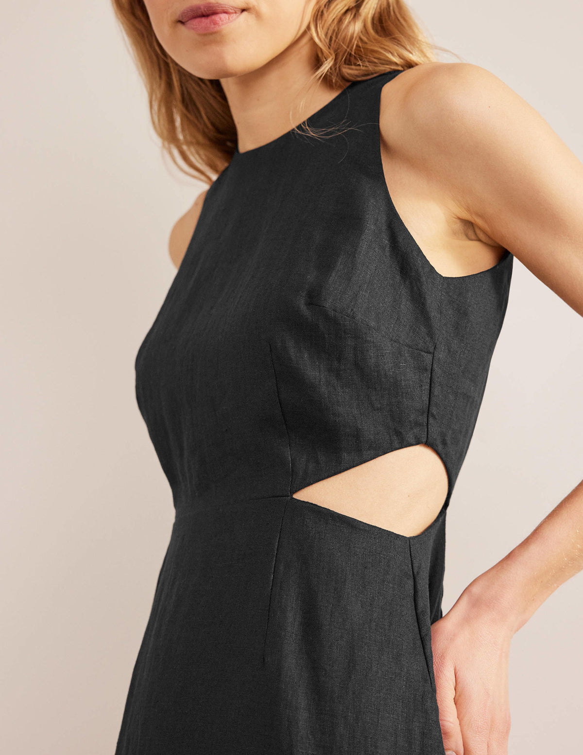 Cut Out Linen Midi Dress-Black-2