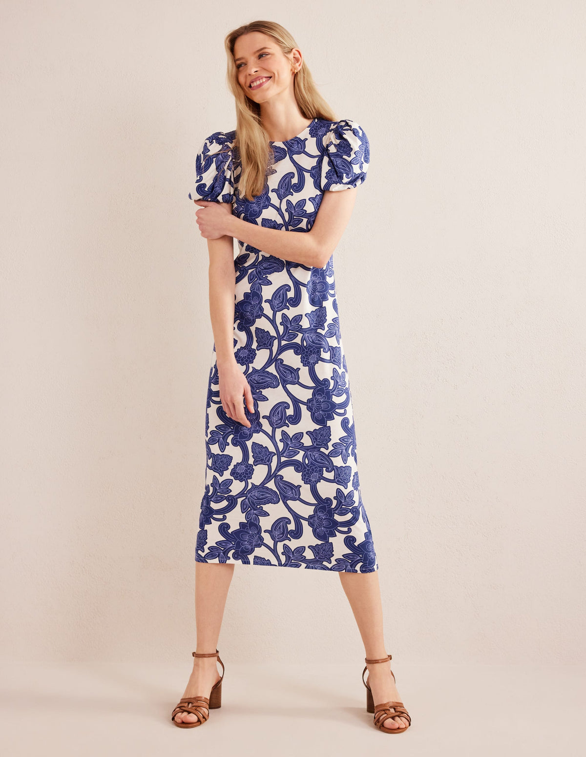 Puff Sleeve Jersey Midi Dress-Blue Ribbon, Paisley Whirl - Image 1