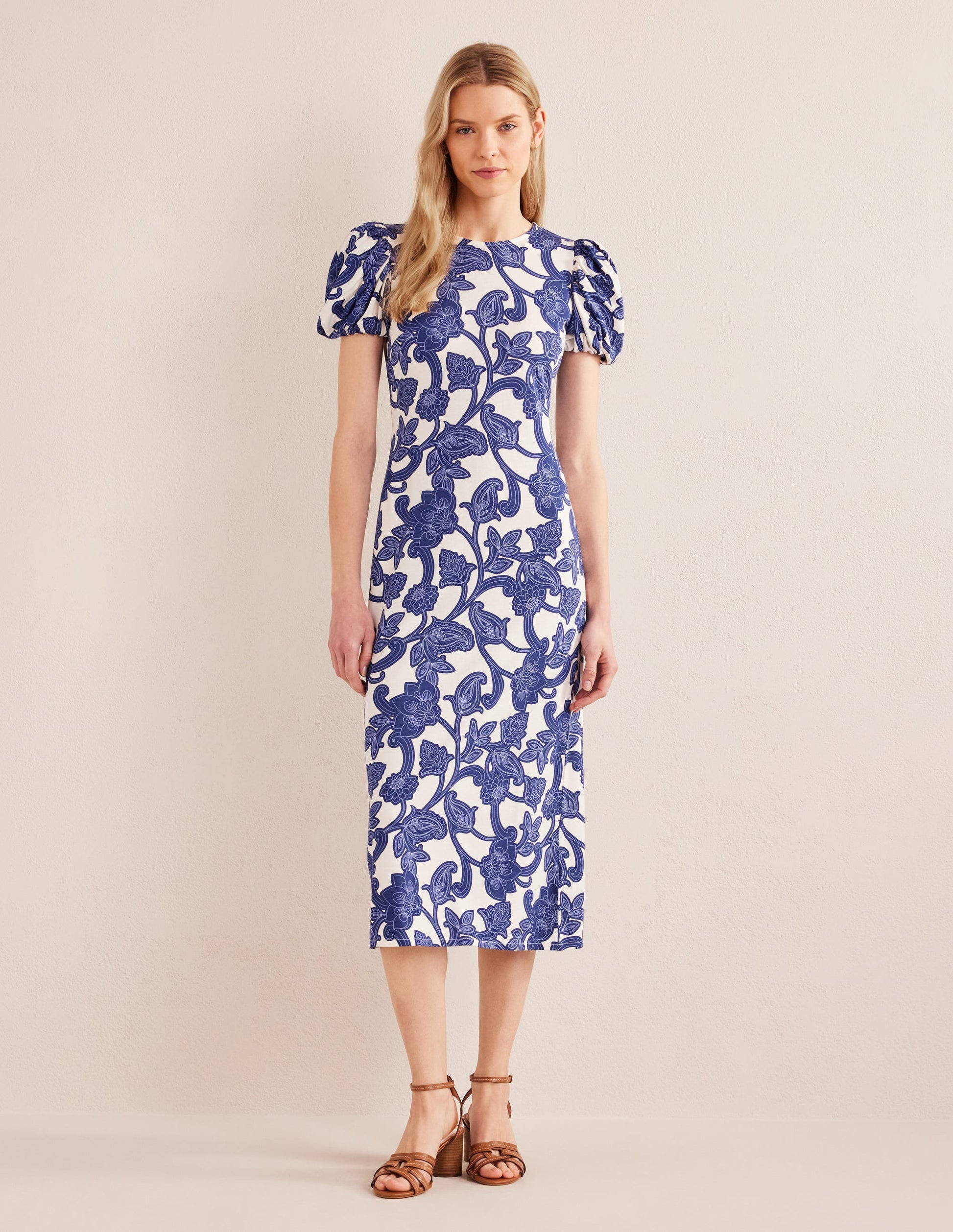 Puff Sleeve Jersey Midi Dress-Blue Ribbon, Paisley Whirl-4