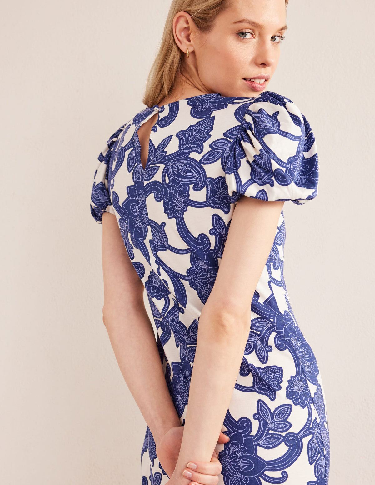 Puff Sleeve Jersey Midi Dress-Blue Ribbon, Paisley Whirl - Image 5