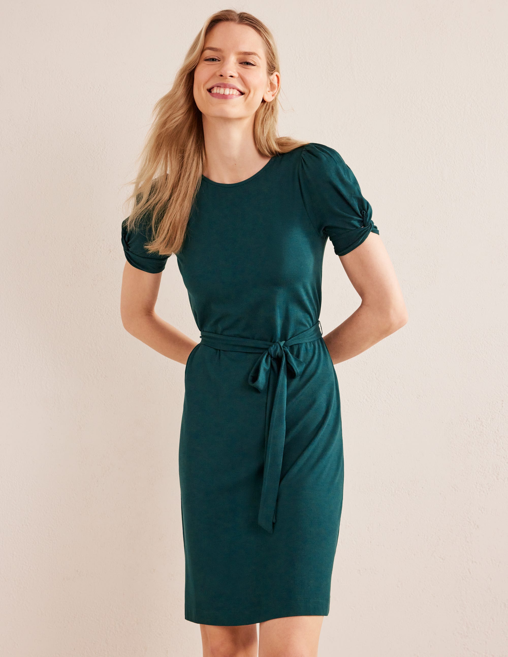Knot Detail Jersey Mini Dress-Emerald Night - Image 1