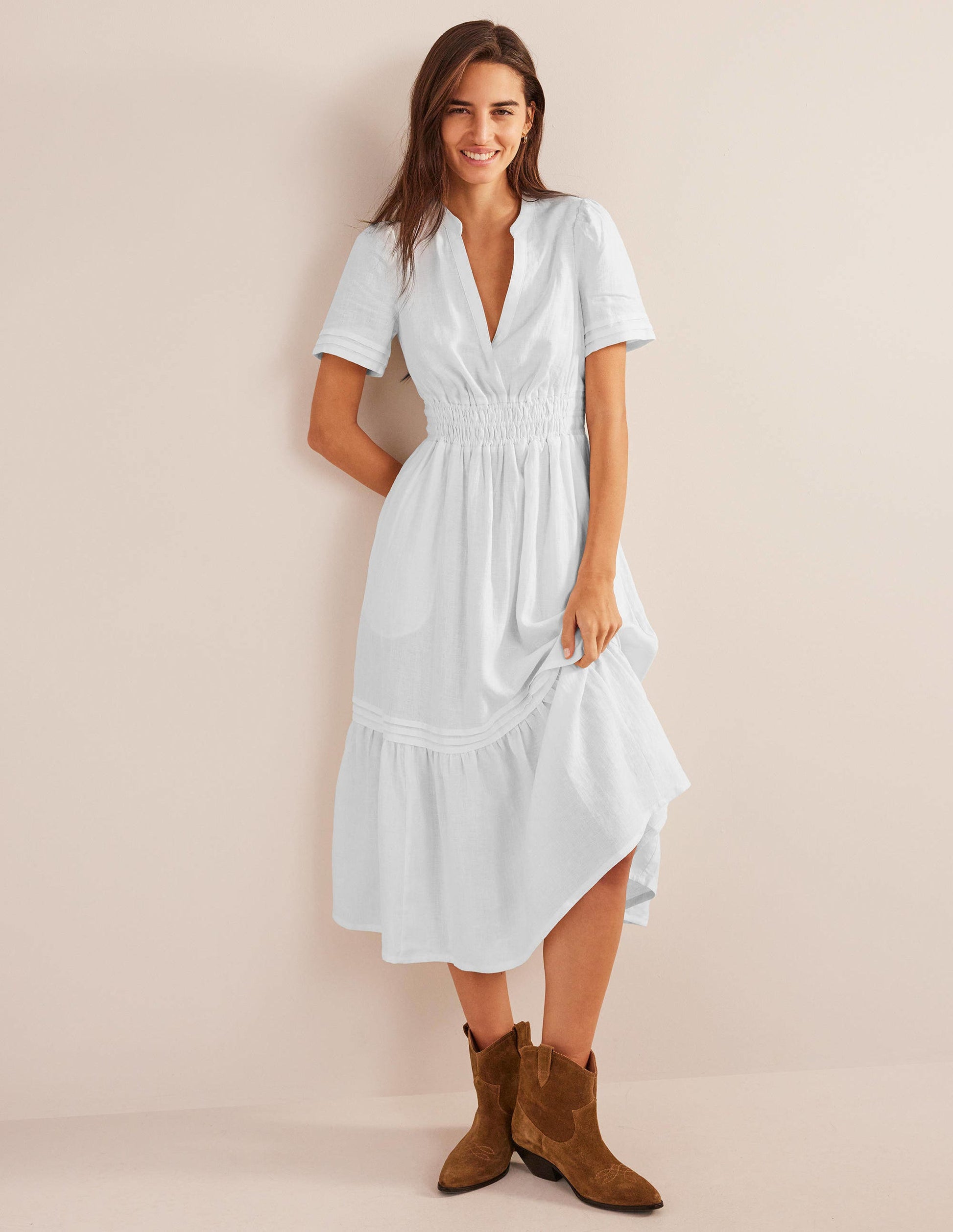 Pintuck Detail Midi Dress-White-1
