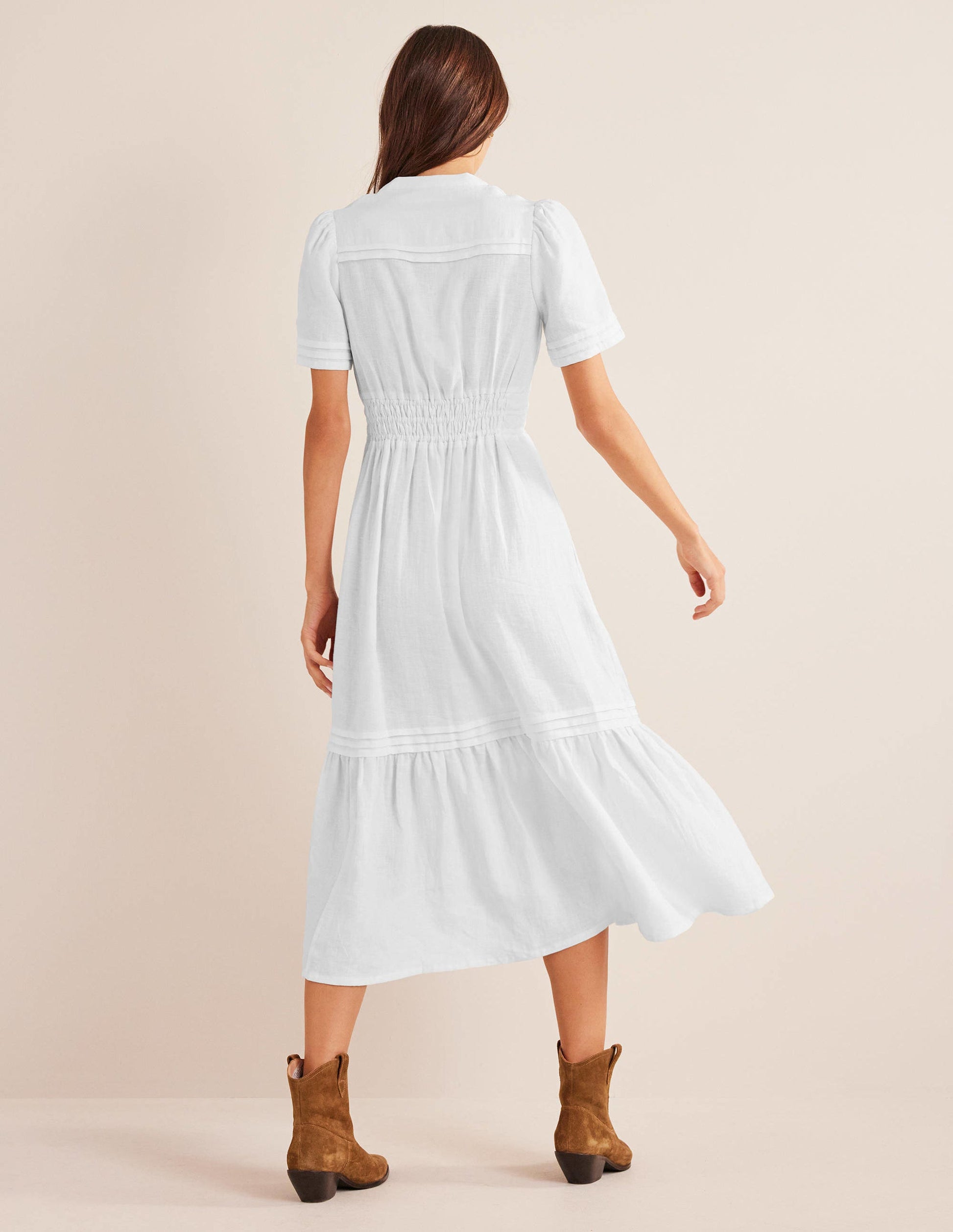 Pintuck Detail Midi Dress-White-3