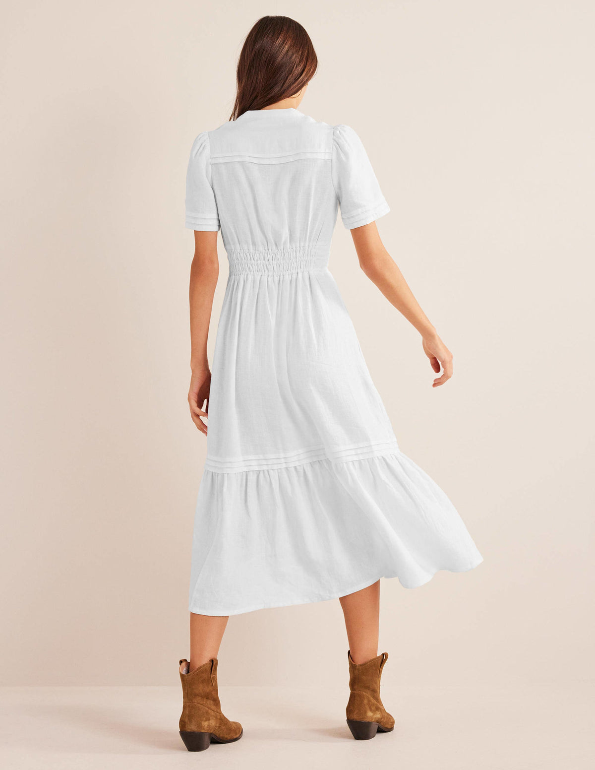 Pintuck Detail Midi Dress-White - Image 3