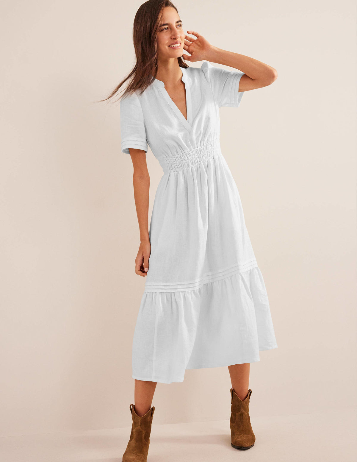 Pintuck Detail Midi Dress-White - Image 5