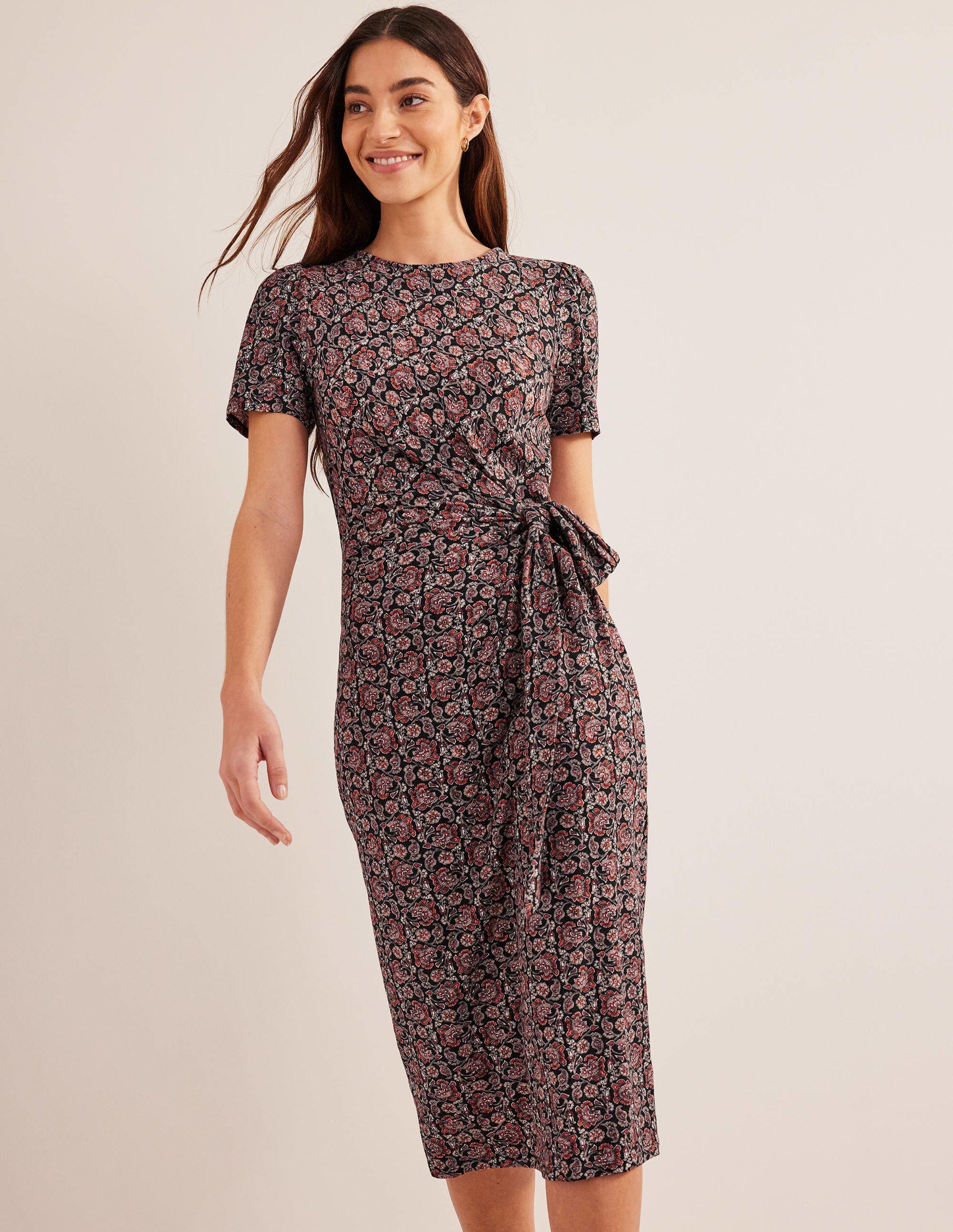Knot Front Jersey Midi Dress-Black, Block Paisley-1