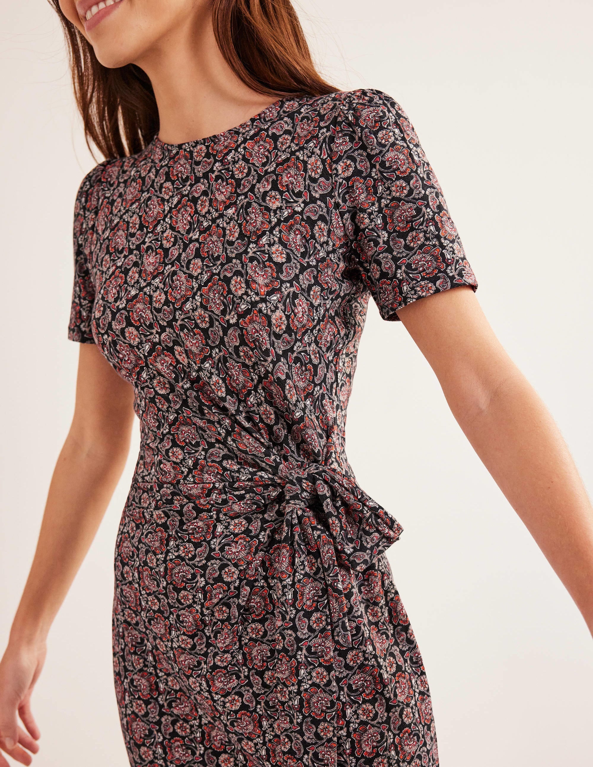 Knot Front Jersey Midi Dress-Black, Block Paisley - Image 2