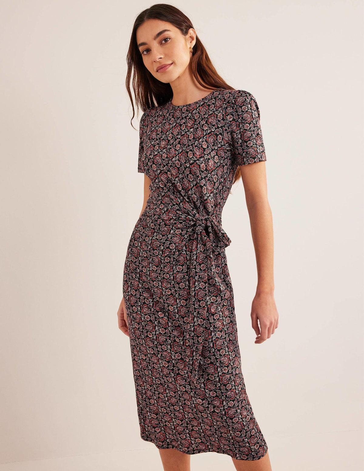 Knot Front Jersey Midi Dress-Black, Block Paisley-4