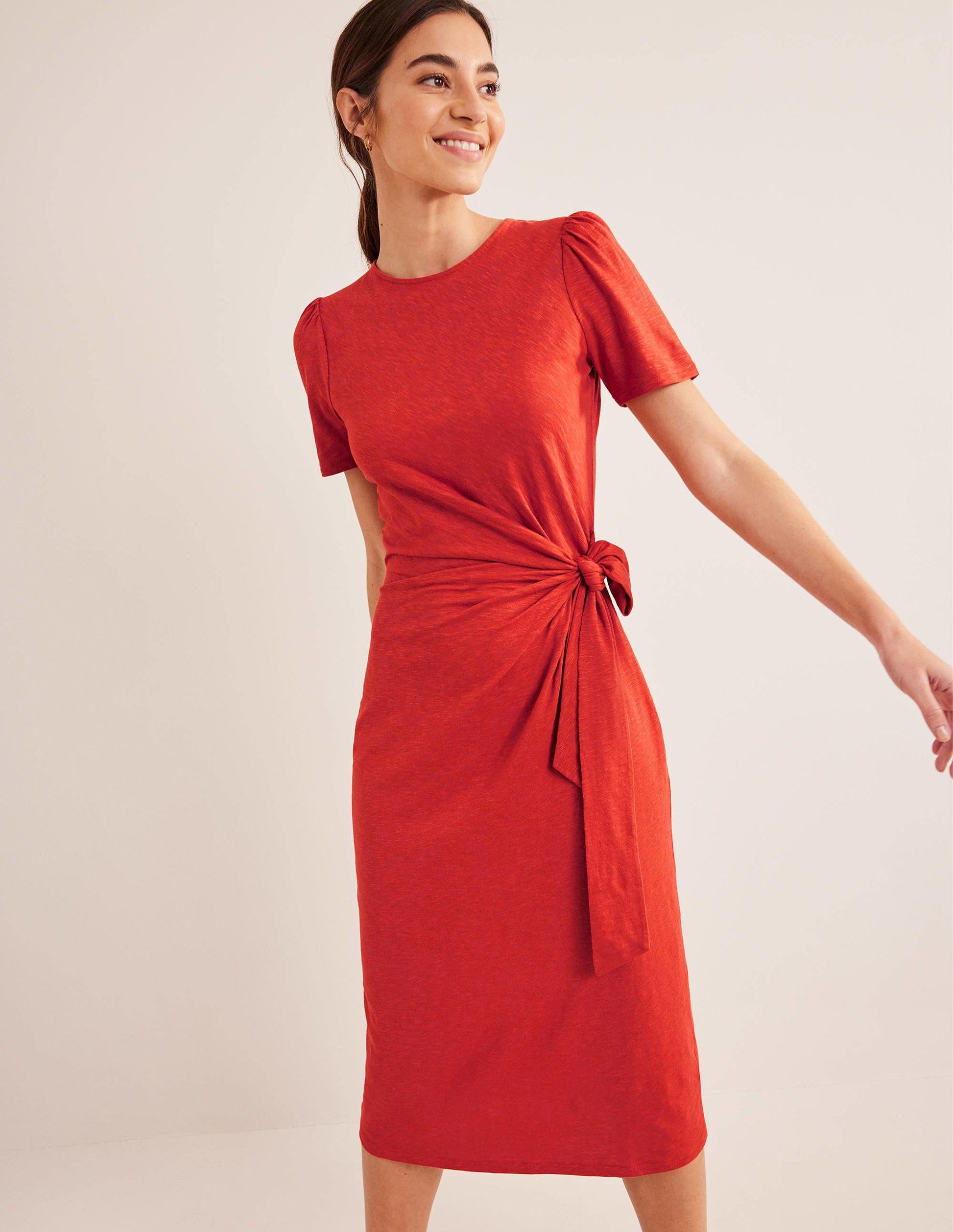 Knot Front Jersey Midi Dress-Rust-1