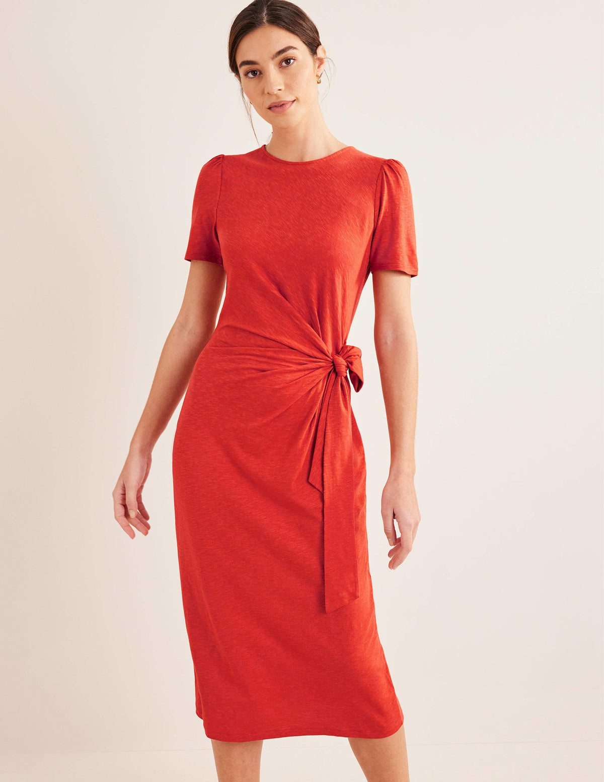Knot Front Jersey Midi Dress-Rust-5