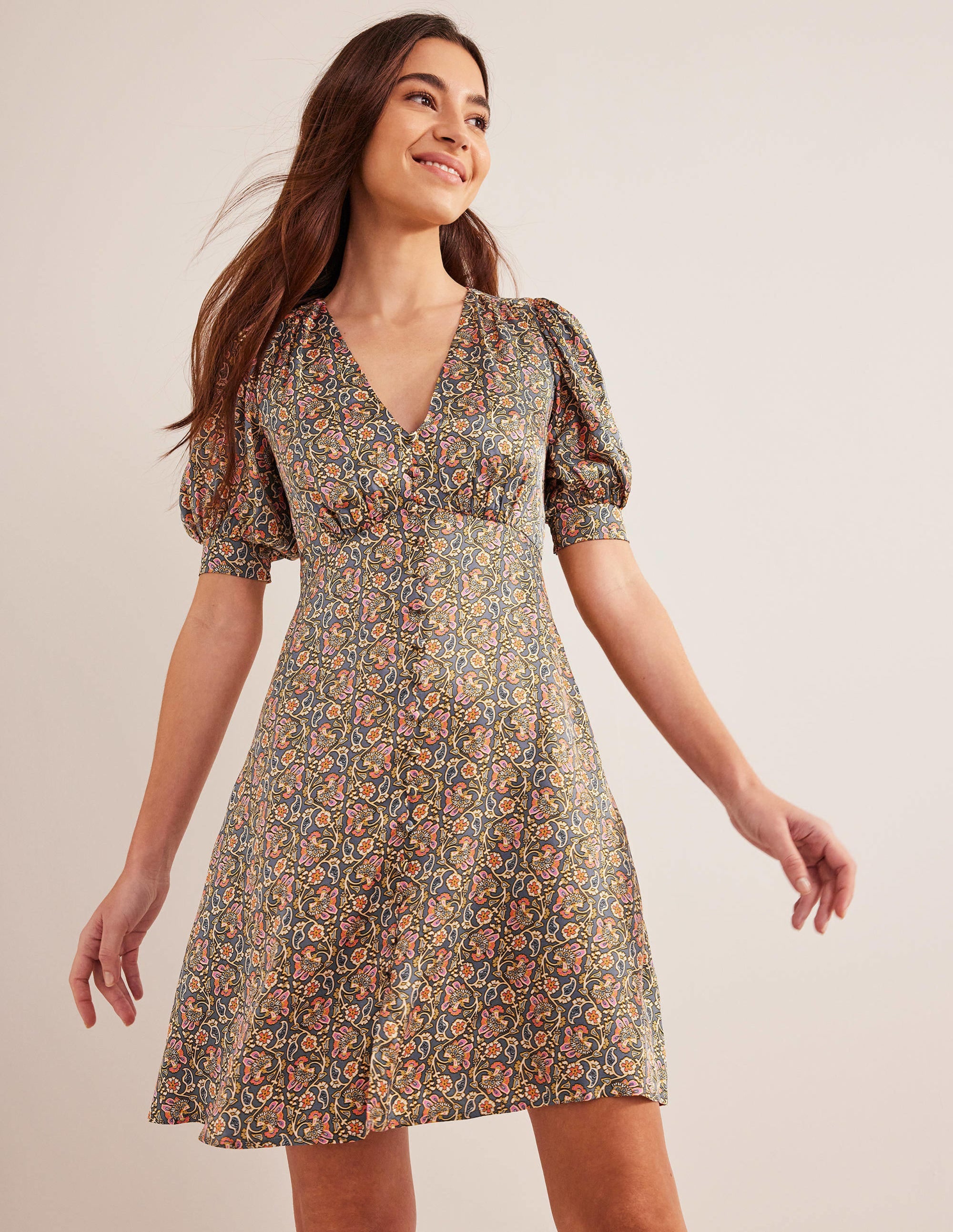 Satin Tea Dress-Nightshadow, Block Paisley - Image 1