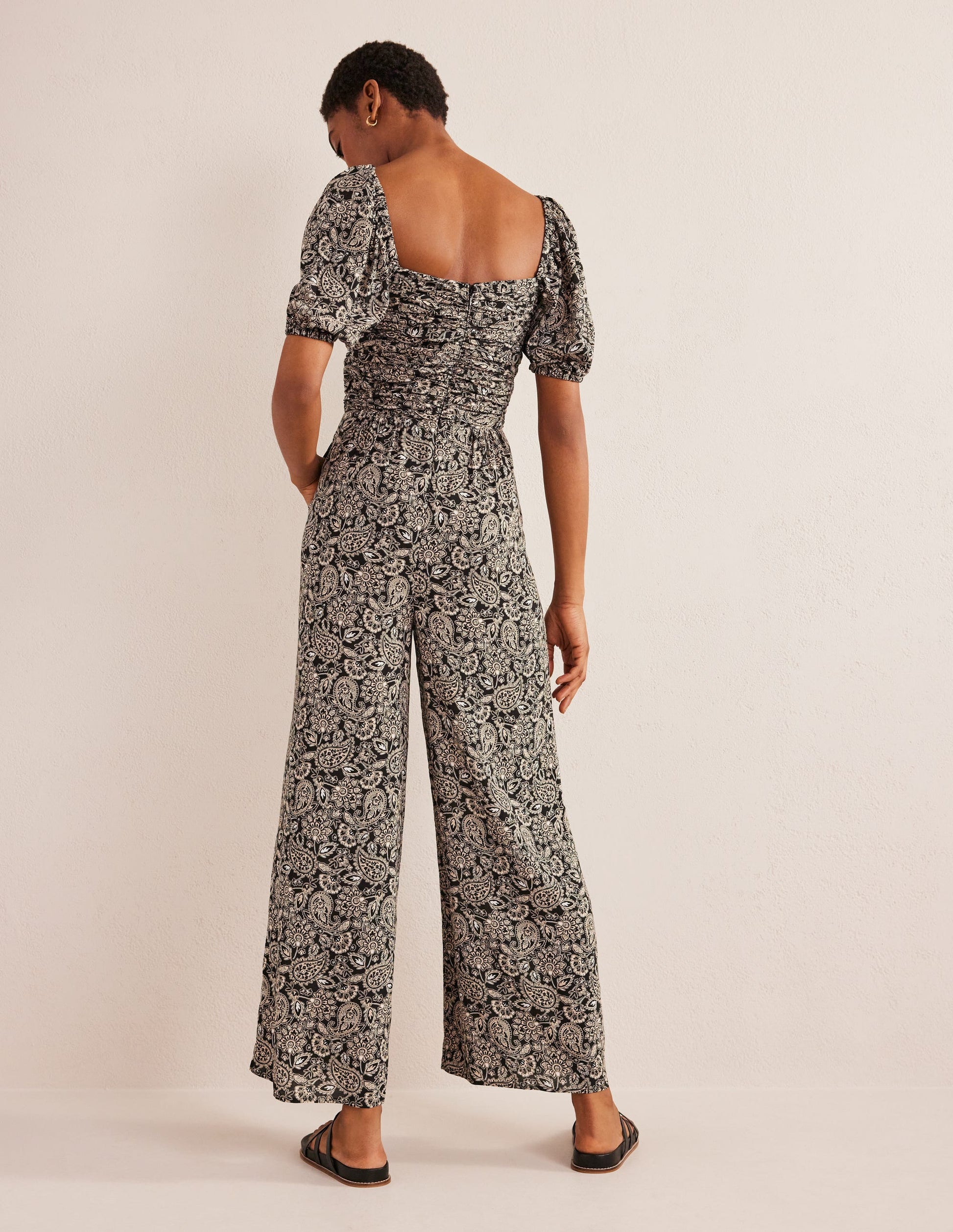 Tie Neck Keyhole Jumpsuit-Black, Paisley Terrace-4