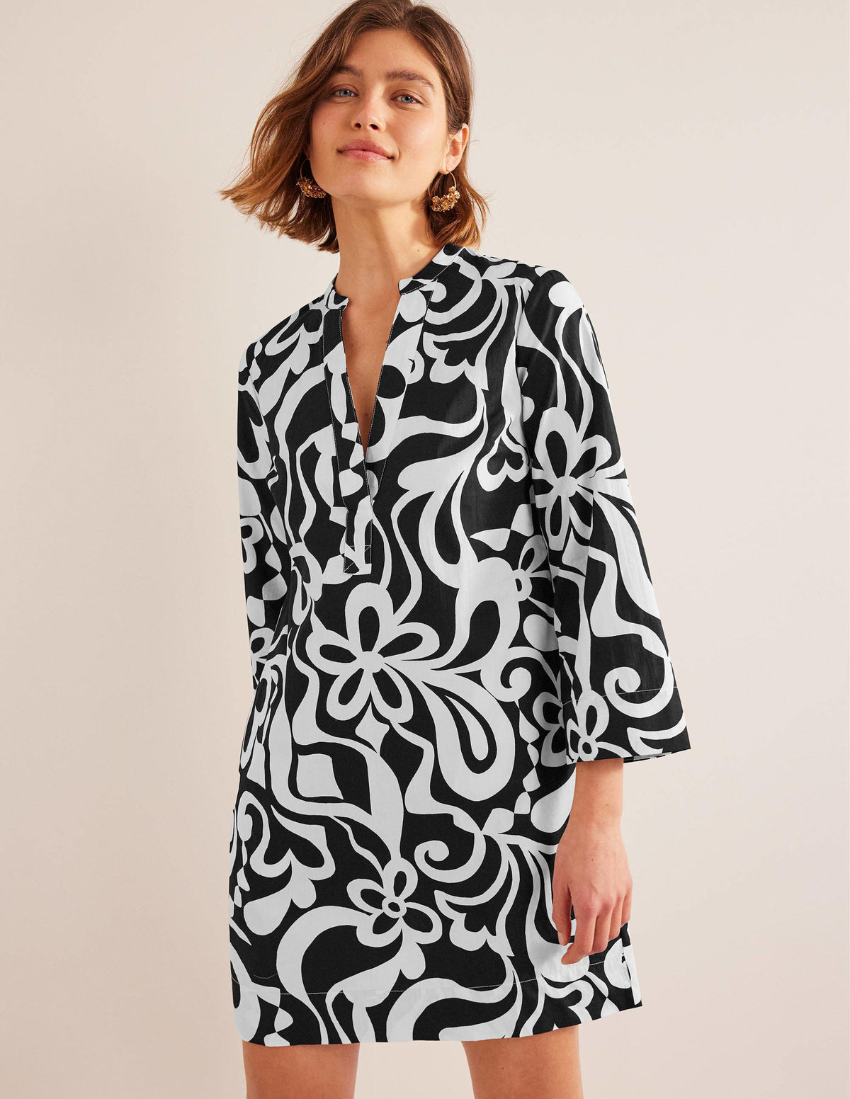 Notch Neck Mini Shift Dress-Black, Bloom Azure-1