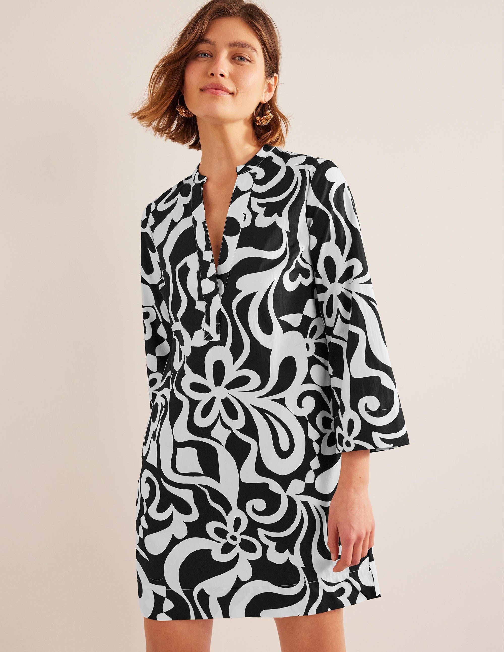 Notch Neck Mini Shift Dress-Black, Bloom Azure - Image 1