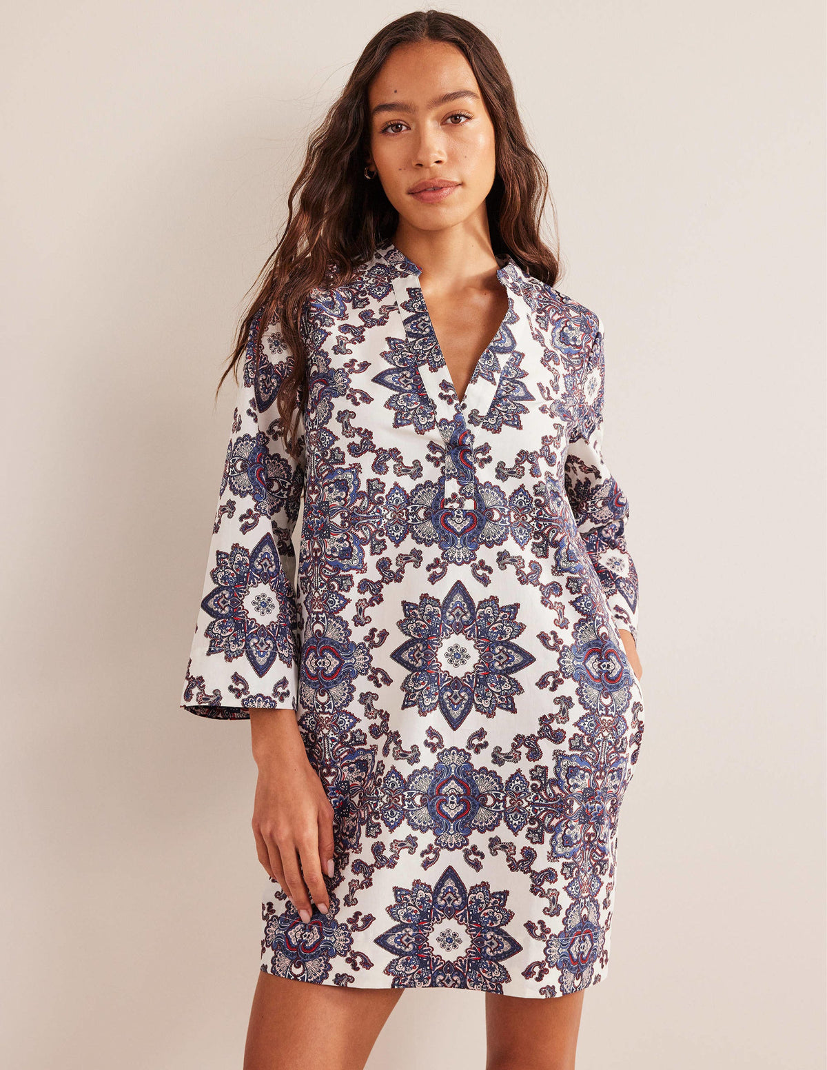 Notch Neck Mini Shift Dress-Ivory, Paradise Paisley-1