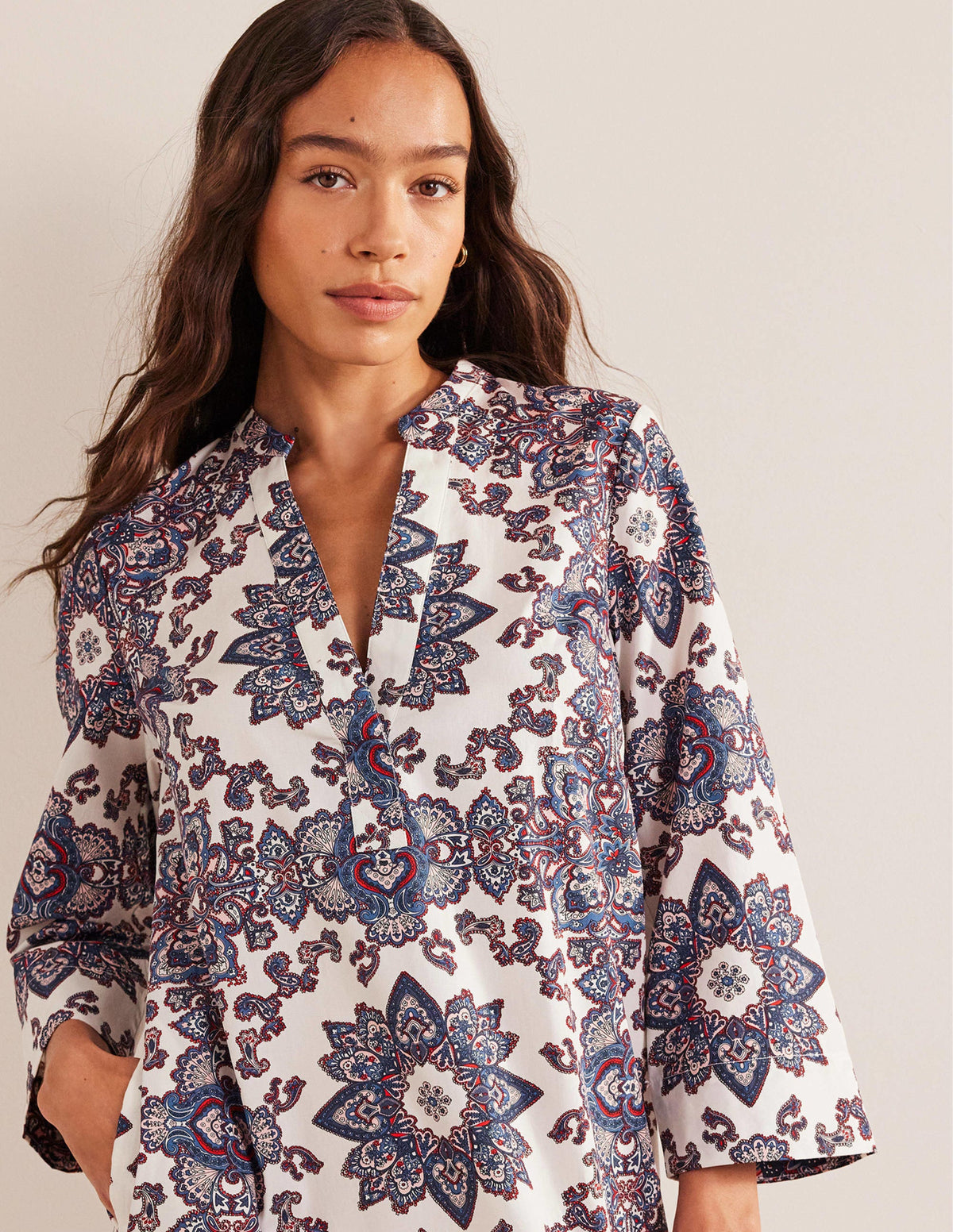 Notch Neck Mini Shift Dress-Ivory, Paradise Paisley-2