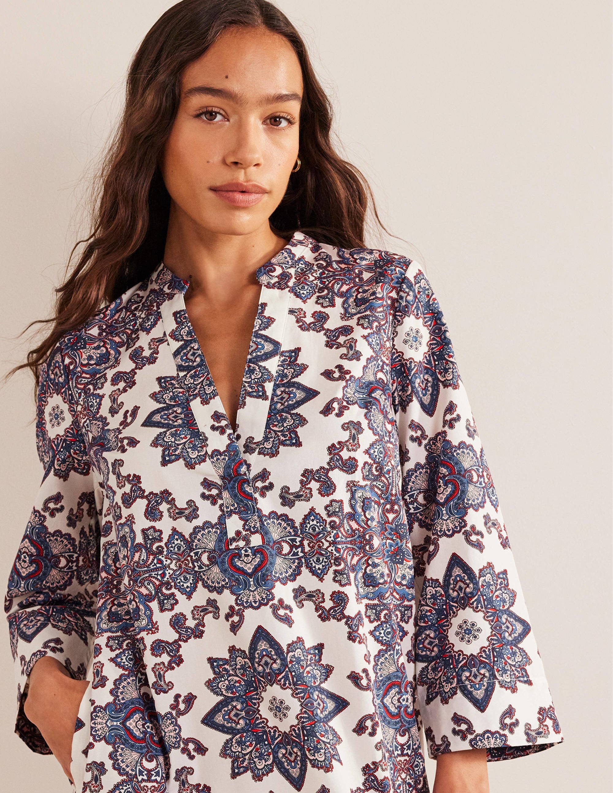 Notch Neck Mini Shift Dress-Ivory, Paradise Paisley - Image 2