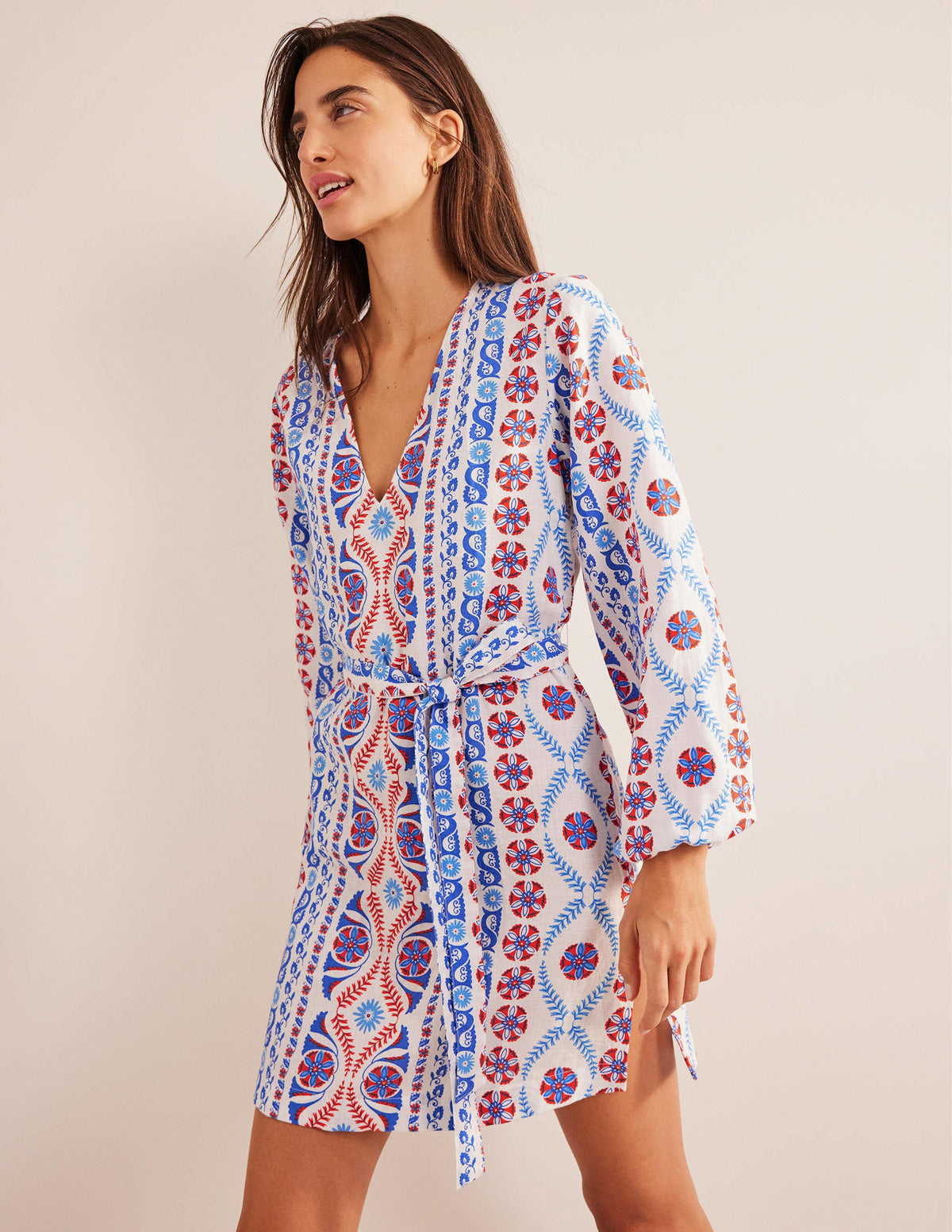V-Neck Tie Waist Mini Kaftan-Meadow Spring, Opulent Stripe-1
