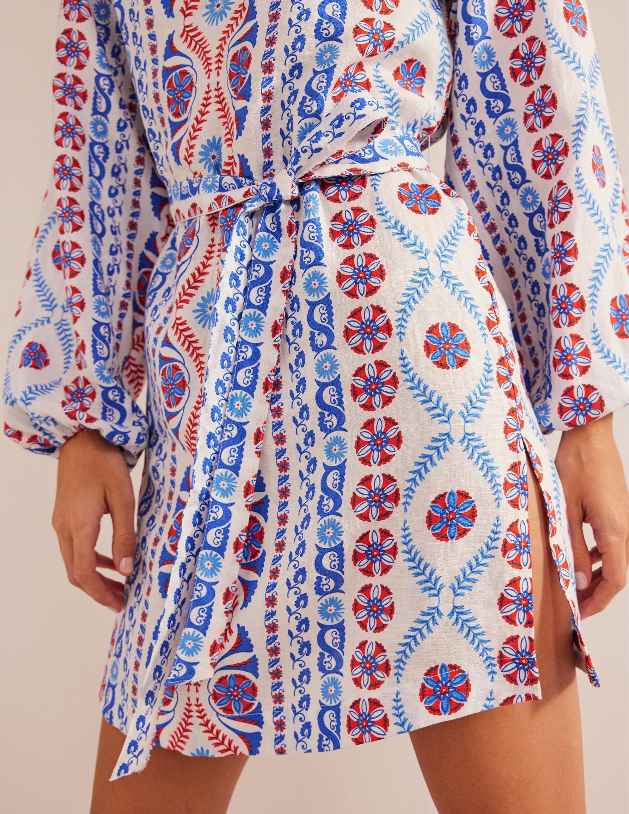 V-Neck Tie Waist Mini Kaftan-Meadow Spring, Opulent Stripe - Image 2