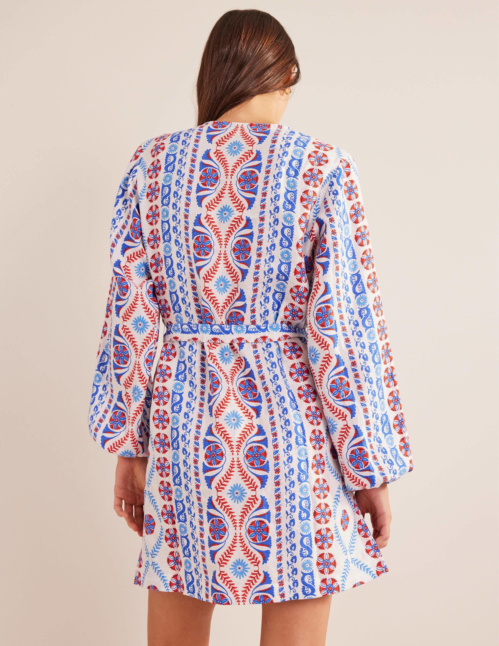V-Neck Tie Waist Mini Kaftan-Meadow Spring, Opulent Stripe - Image 3
